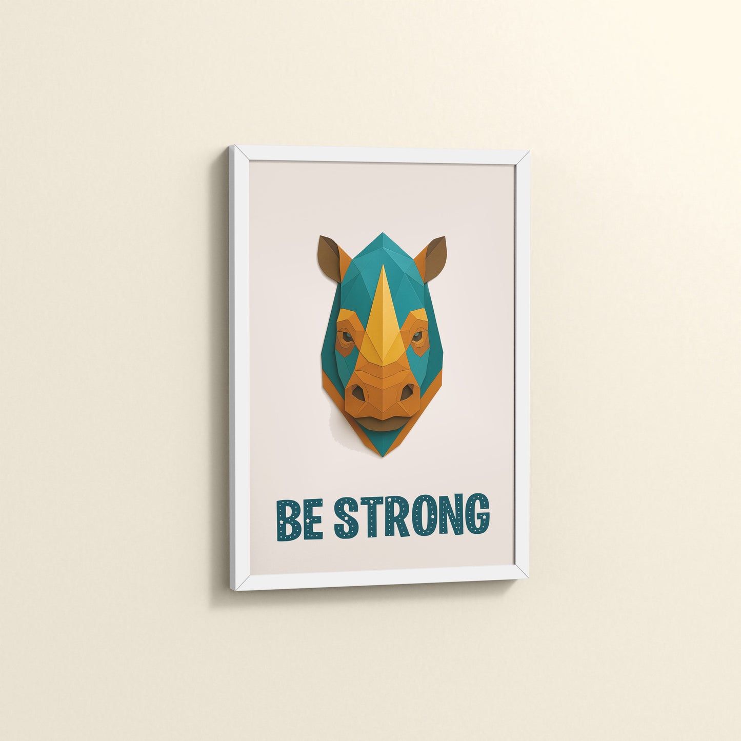Side View of Be Strong Like a Rhino Inspirational Wall Decor in White Color Frame