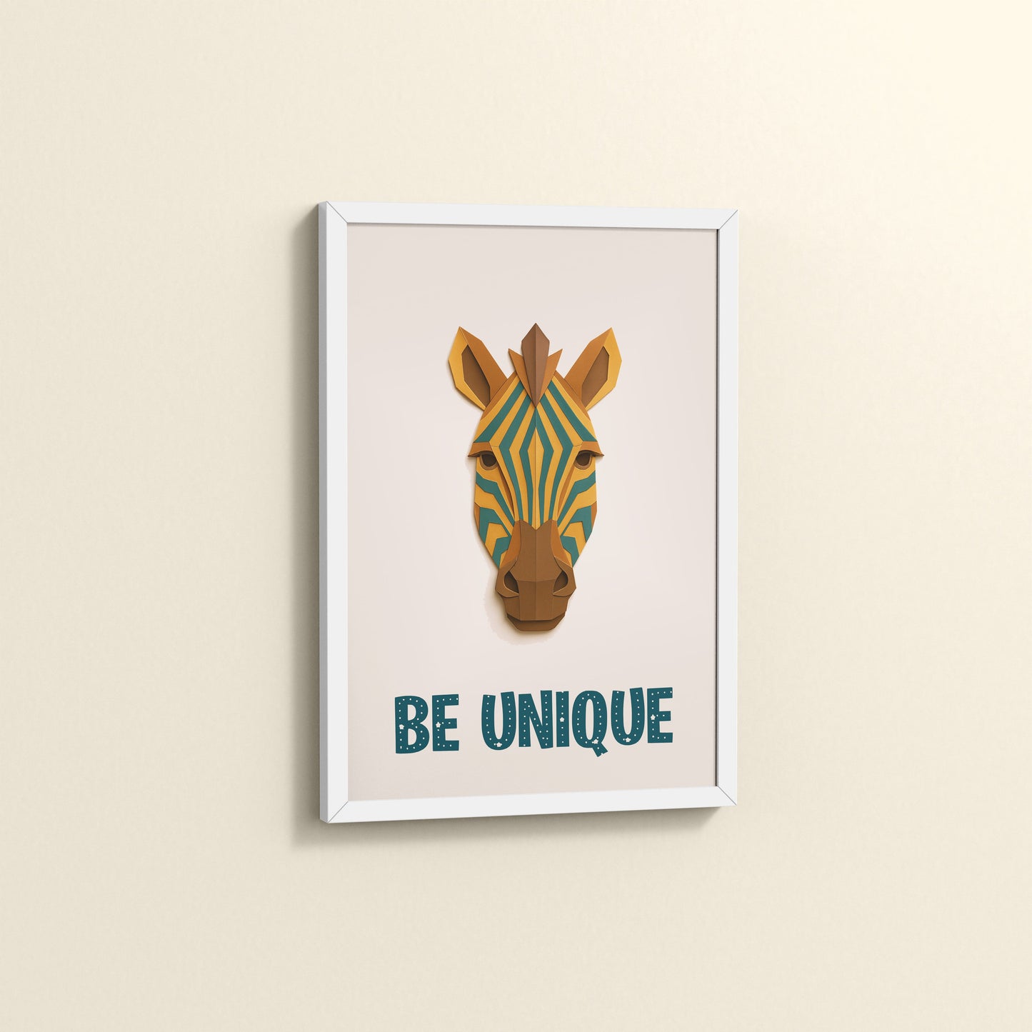 Side View of Be Unique – Zebra Wall Painting in White Color Frame
