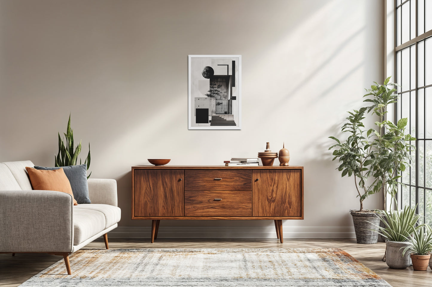 Living Room Sofa Preview of Structured Beauty – Aesthetic Architecture Wall Art Frame in White Color Frame