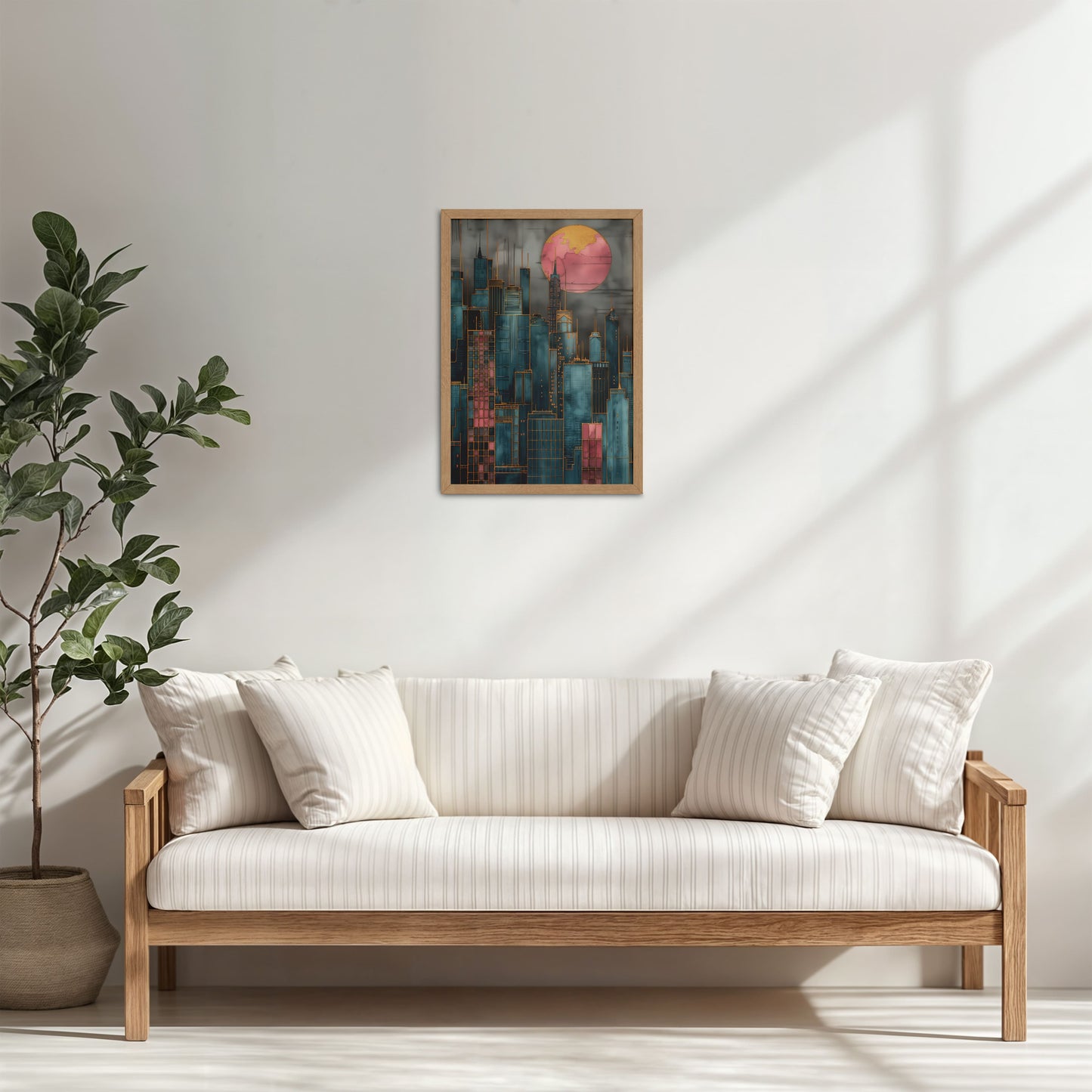 Living Room Cabinet Table Preview of City Glow – Urban Skyline Wall Art Frame in Natrual Color Frame