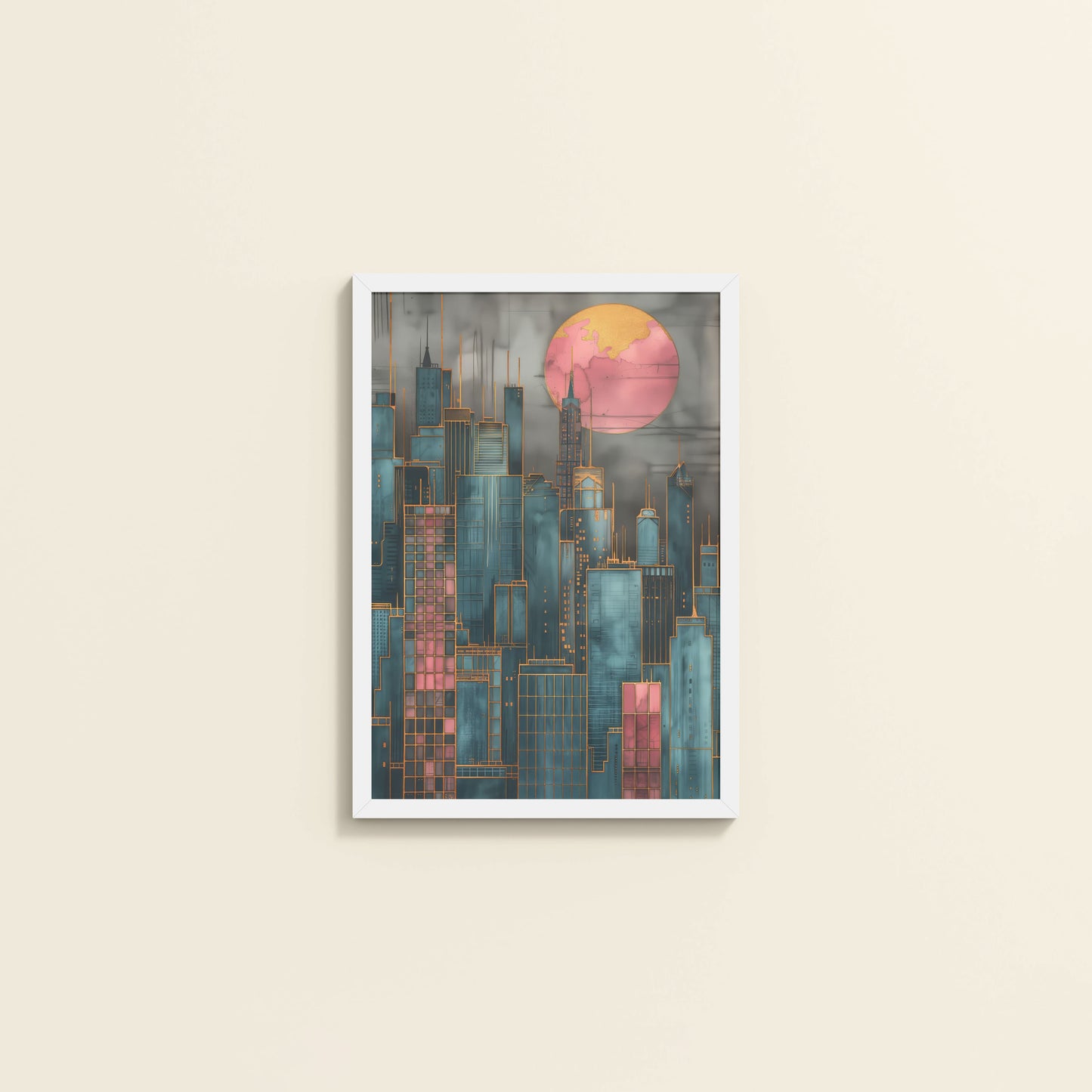 Wall View of City Glow – Urban Skyline Wall Art Frame in White Color Frame
