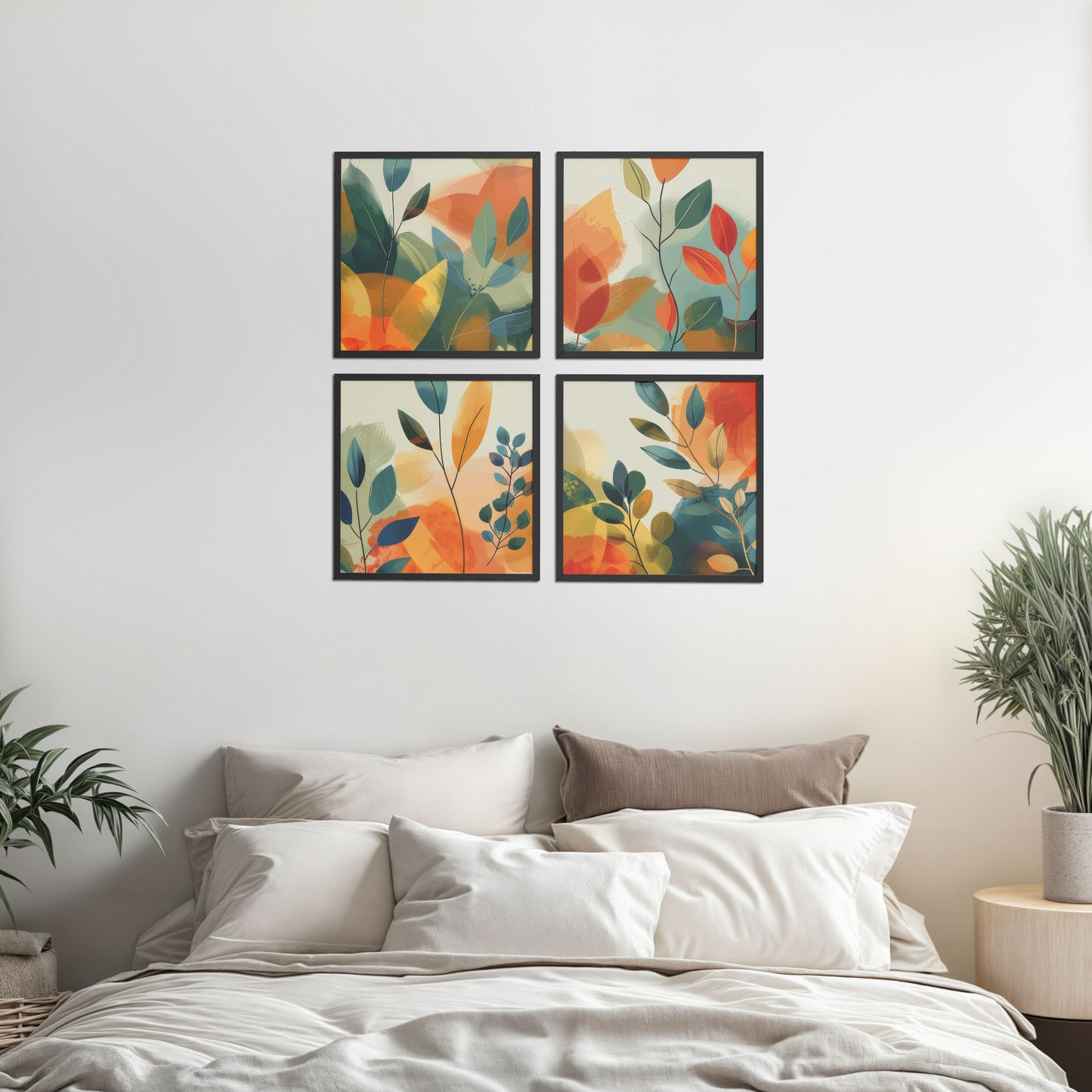 Bed Room Preview of Abstract Leaves Wall Art Decor Set of 4 Frames in Black Color Frame