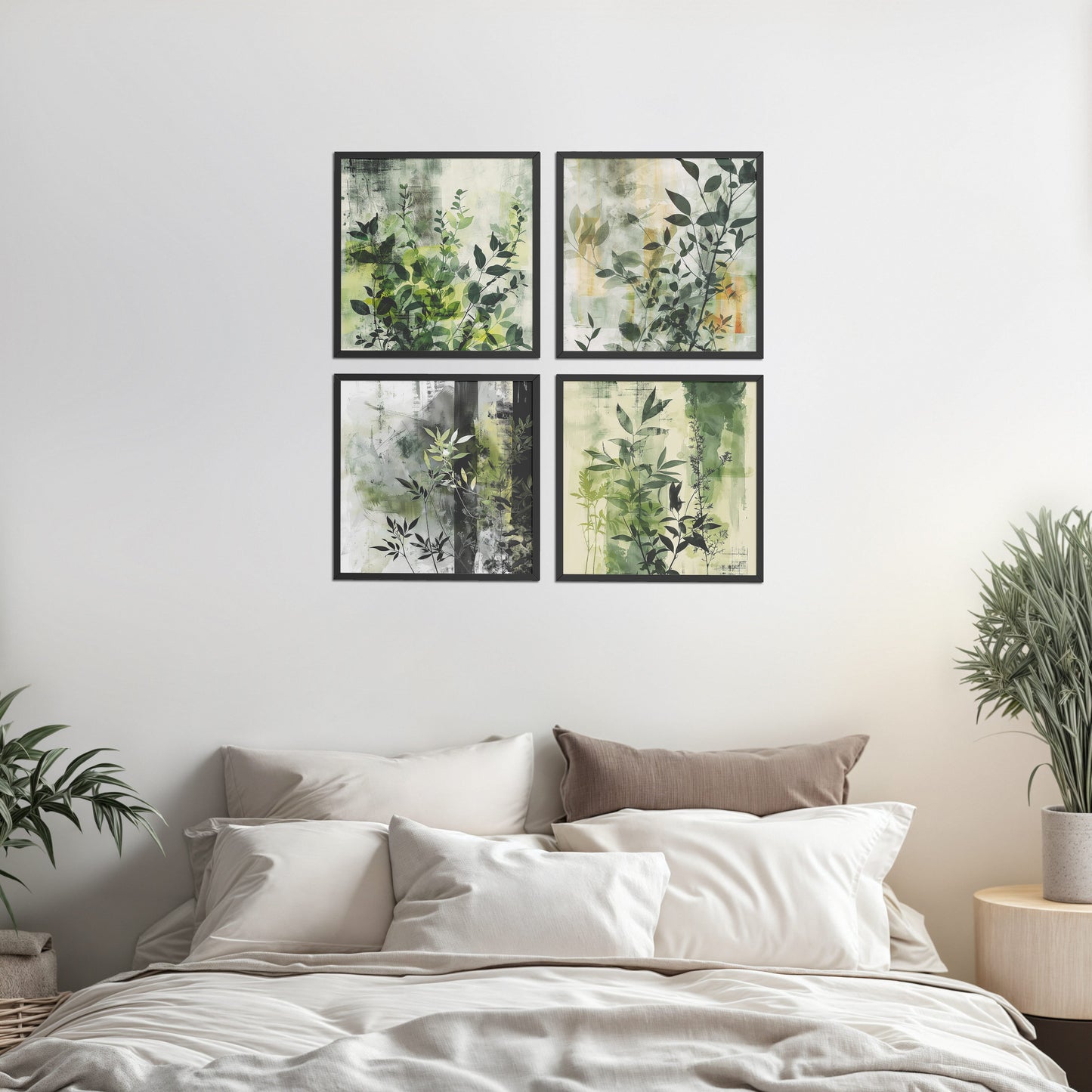 Bed Room Preview of Abstract Botanical Wall Art Set of 4 Frames in Black Color Frame