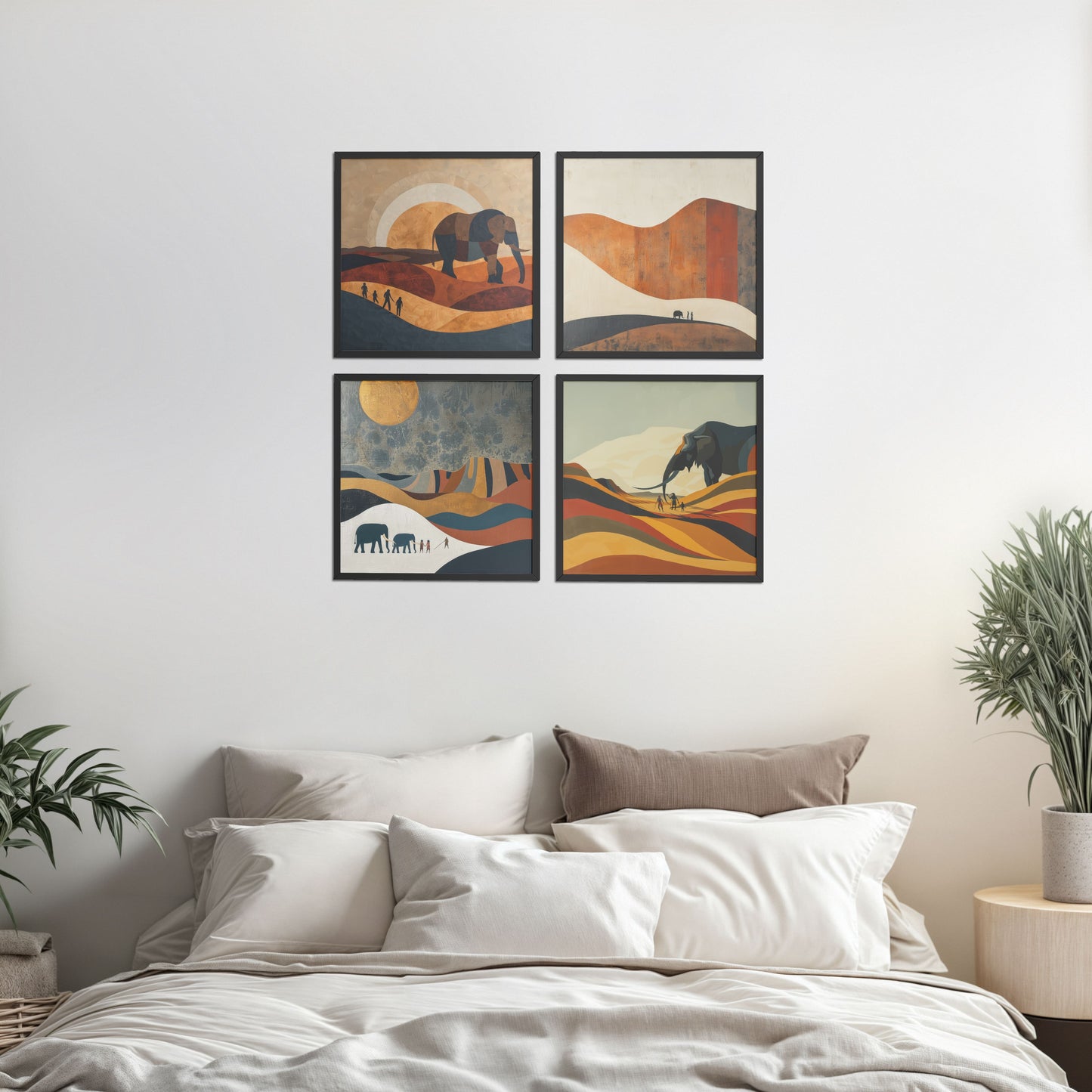 Bed Room Preview of Modern Elephant Abstract Wall Art Set of 4 Frames in Black Color Frame