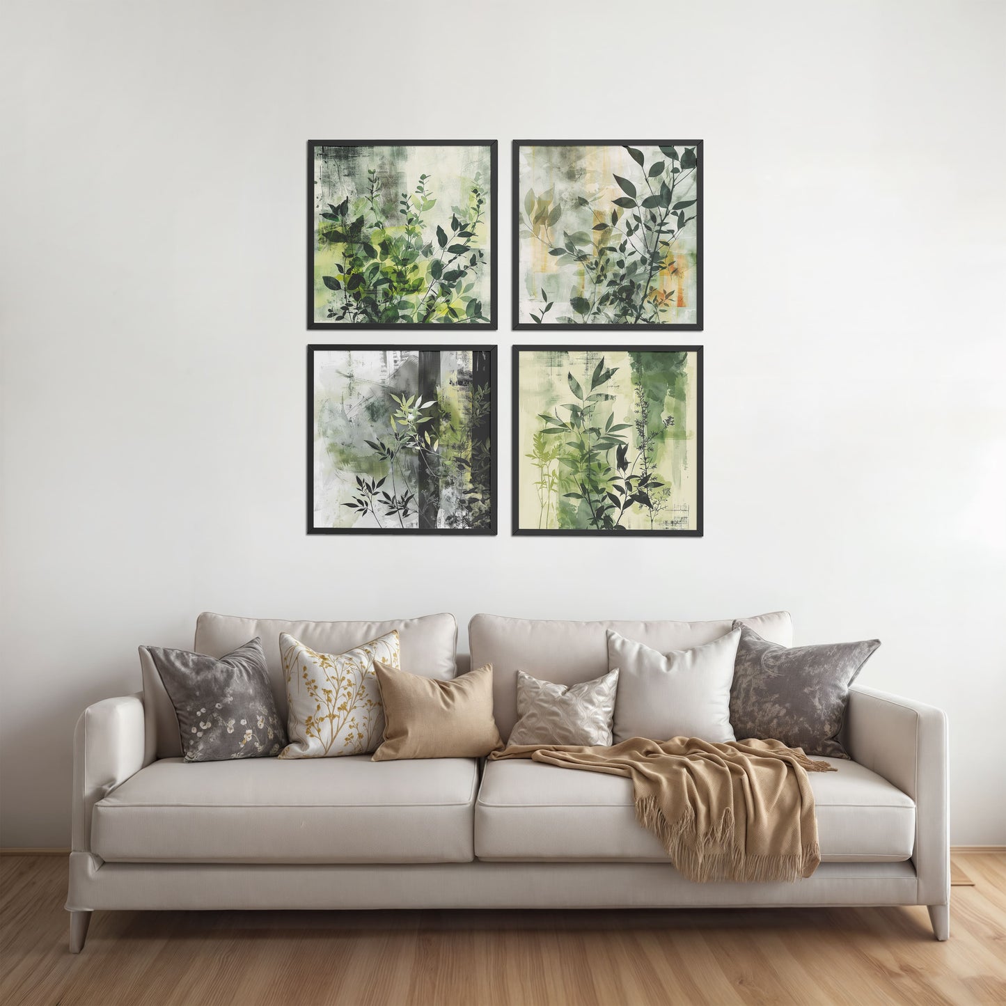 Living Room Sofa Preview of Abstract Botanical Wall Art Set of 4 Frames in Black Color Frame