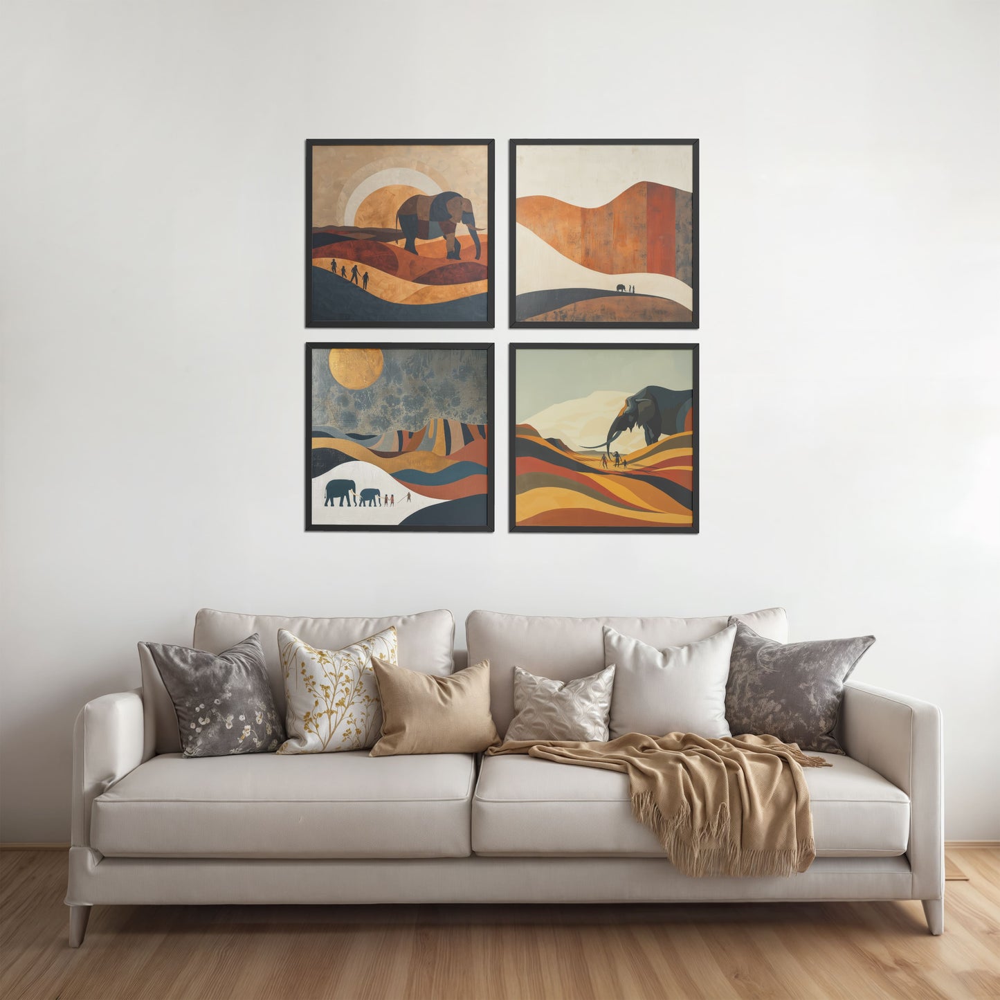 Living Room Sofa Preview of Modern Elephant Abstract Wall Art Set of 4 Frames in Black Color Frame