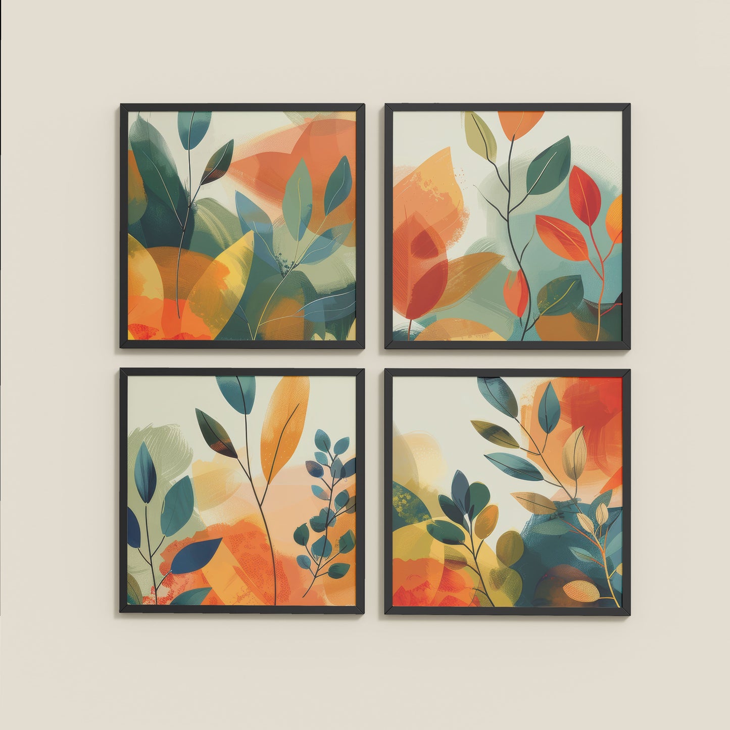 Wall View of Abstract Leaves Wall Art Decor Set of 4 Frames in Black Color Frame