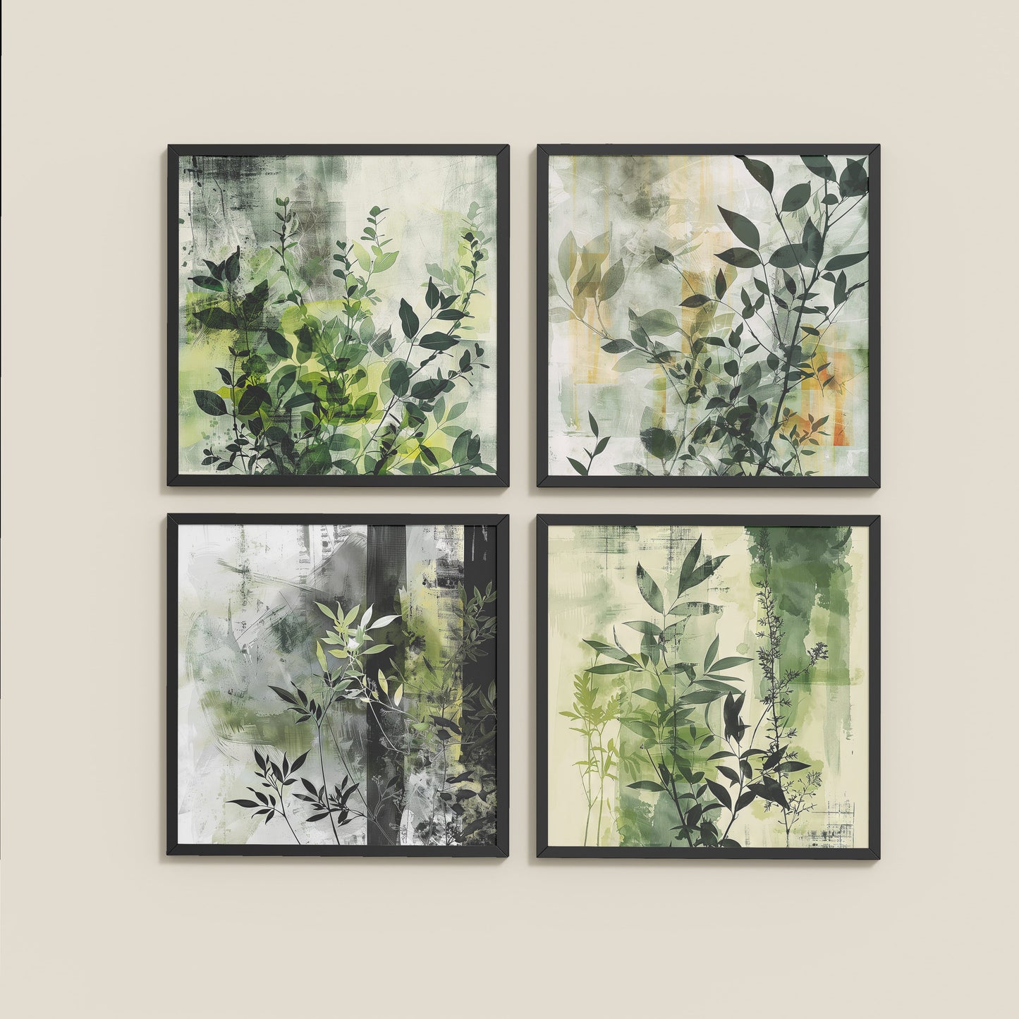 Wall View of Abstract Botanical Wall Art Set of 4 Frames in Black Color Frame