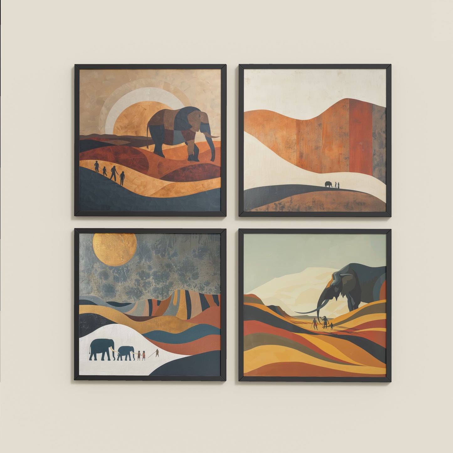 Wall View of Modern Elephant Abstract Wall Art Set of 4 Frames in Black Color Frame
