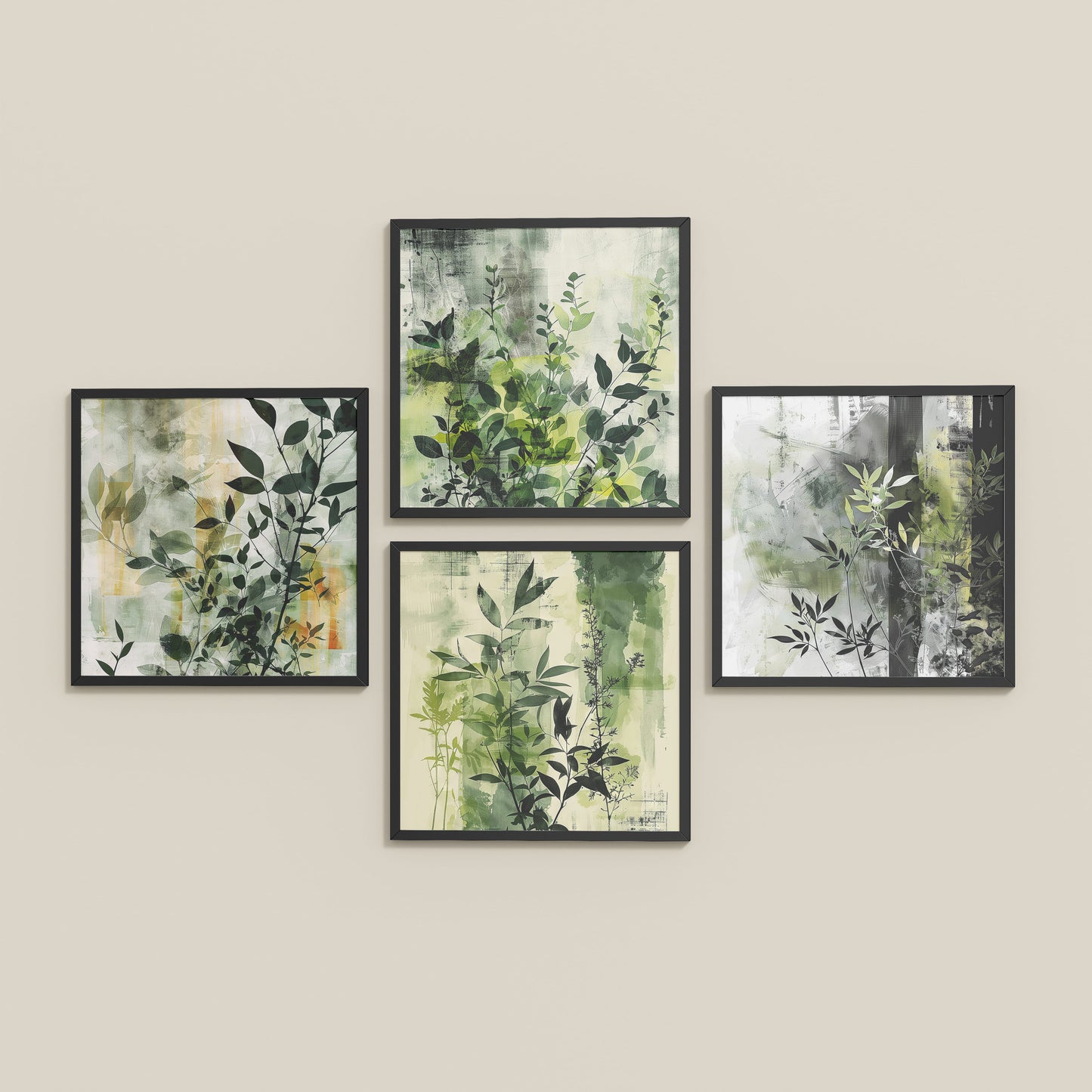 Inclined Floor View of Abstract Botanical Wall Art Set of 4 Frames in Black Color Frame