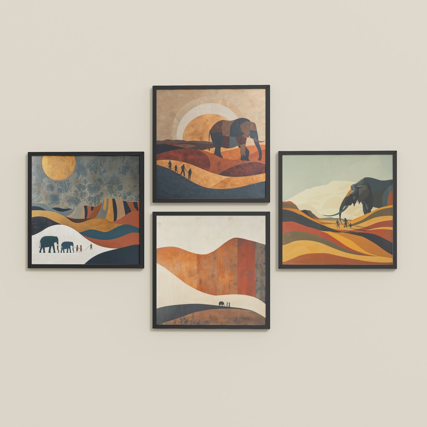 Inclined Floor View of Modern Elephant Abstract Wall Art Set of 4 Frames in Black Color Frame