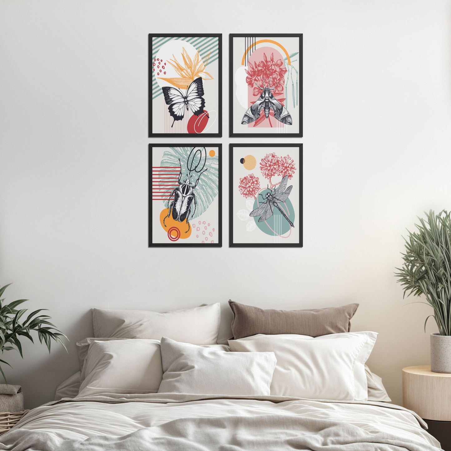 Bed Room Preview of Timeless Wings Abstract Insect Wall Art Set of 4 Frames in Black Color Frame