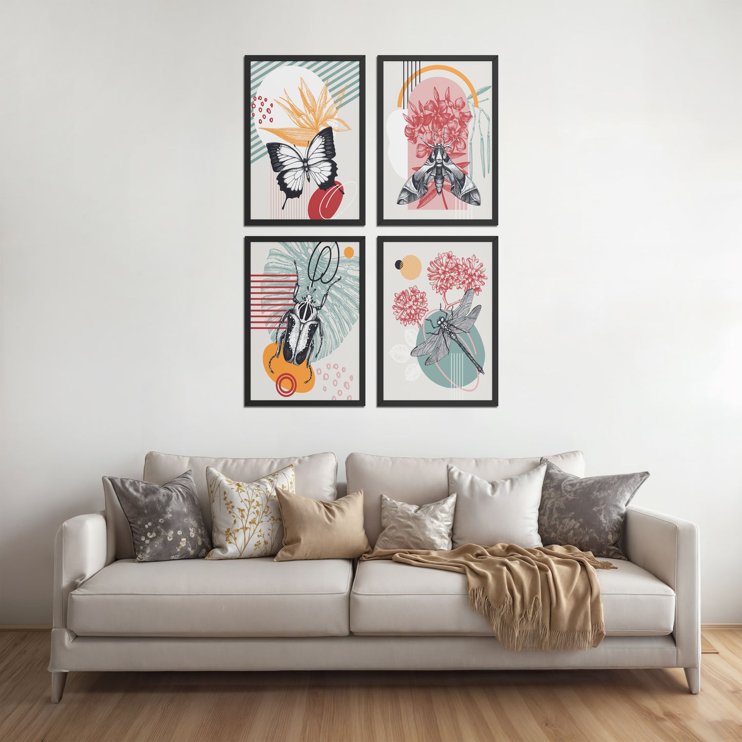 Living Room Sofa Preview of Timeless Wings Abstract Insect Wall Art Set of 4 Frames in Black Color Frame