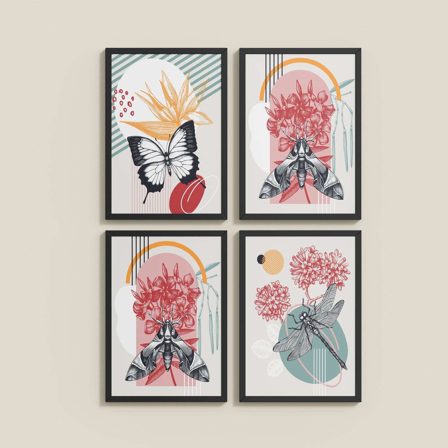 Wall View of Timeless Wings Abstract Insect Wall Art Set of 4 Frames in Black Color Frame
