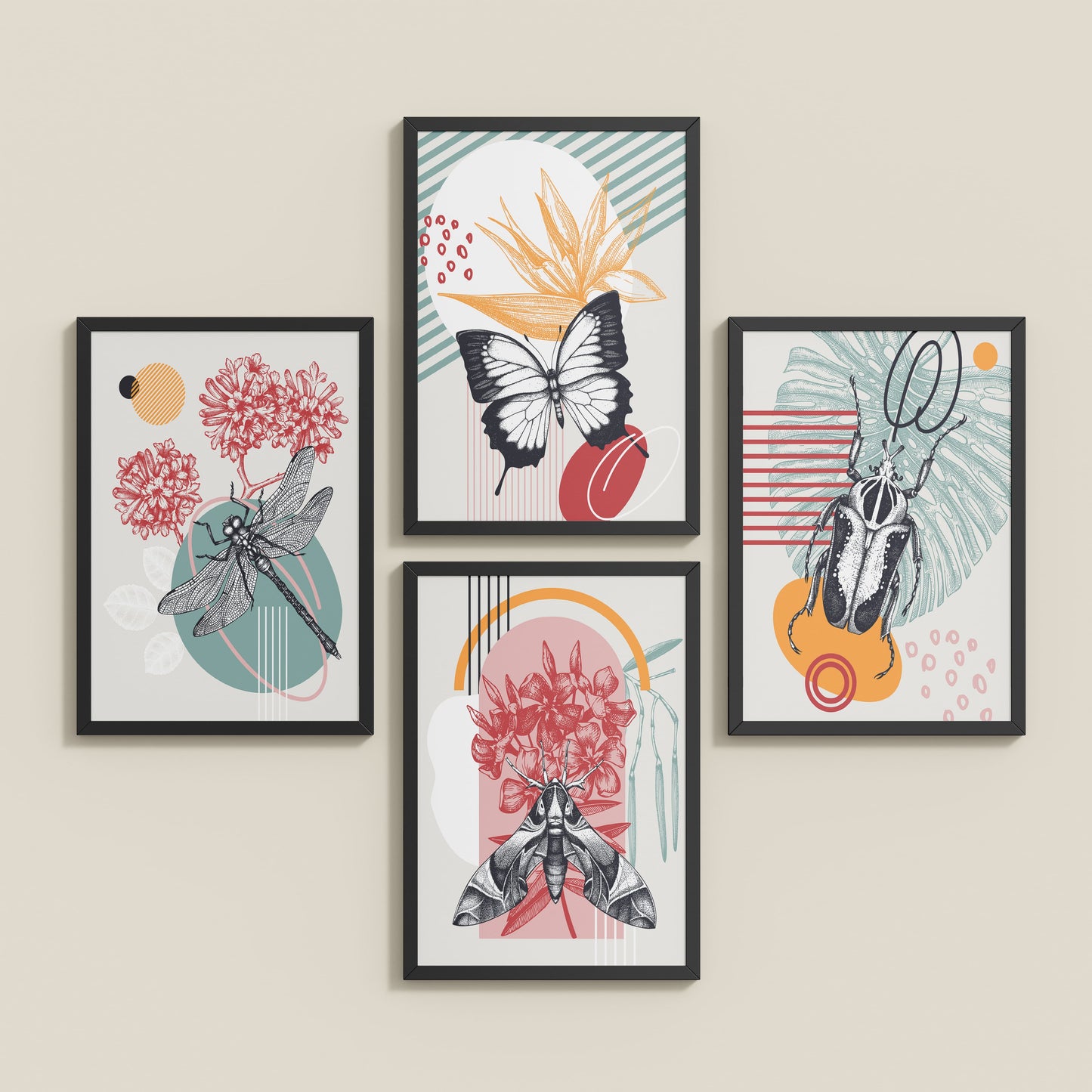 Inclined Floor View of Timeless Wings Abstract Insect Wall Art Set of 4 Frames in Black Color Frame