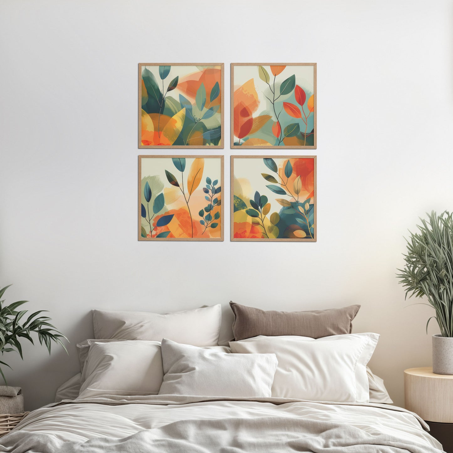 Bed Room Preview of Abstract Leaves Wall Art Decor Set of 4 Frames in Natrual Color Frame