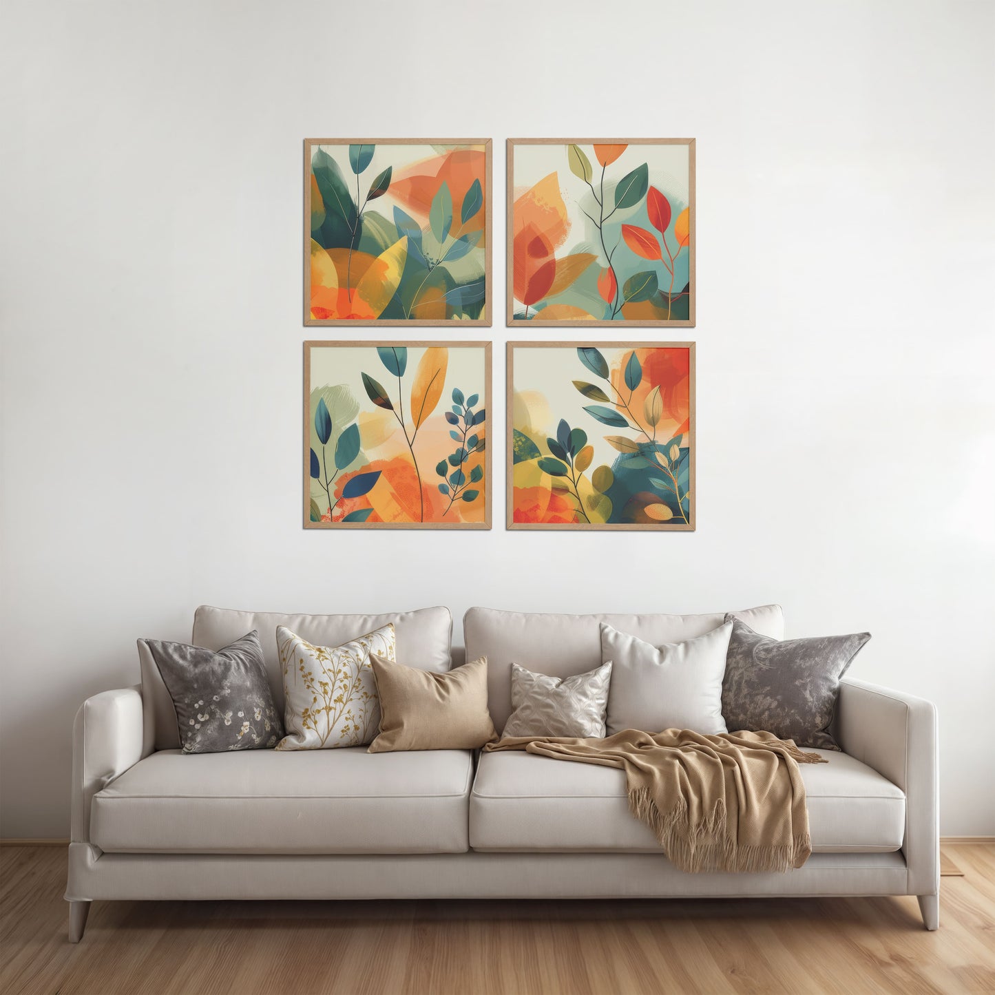 Living Room Sofa Preview of Abstract Leaves Wall Art Decor Set of 4 Frames in Natrual Color Frame