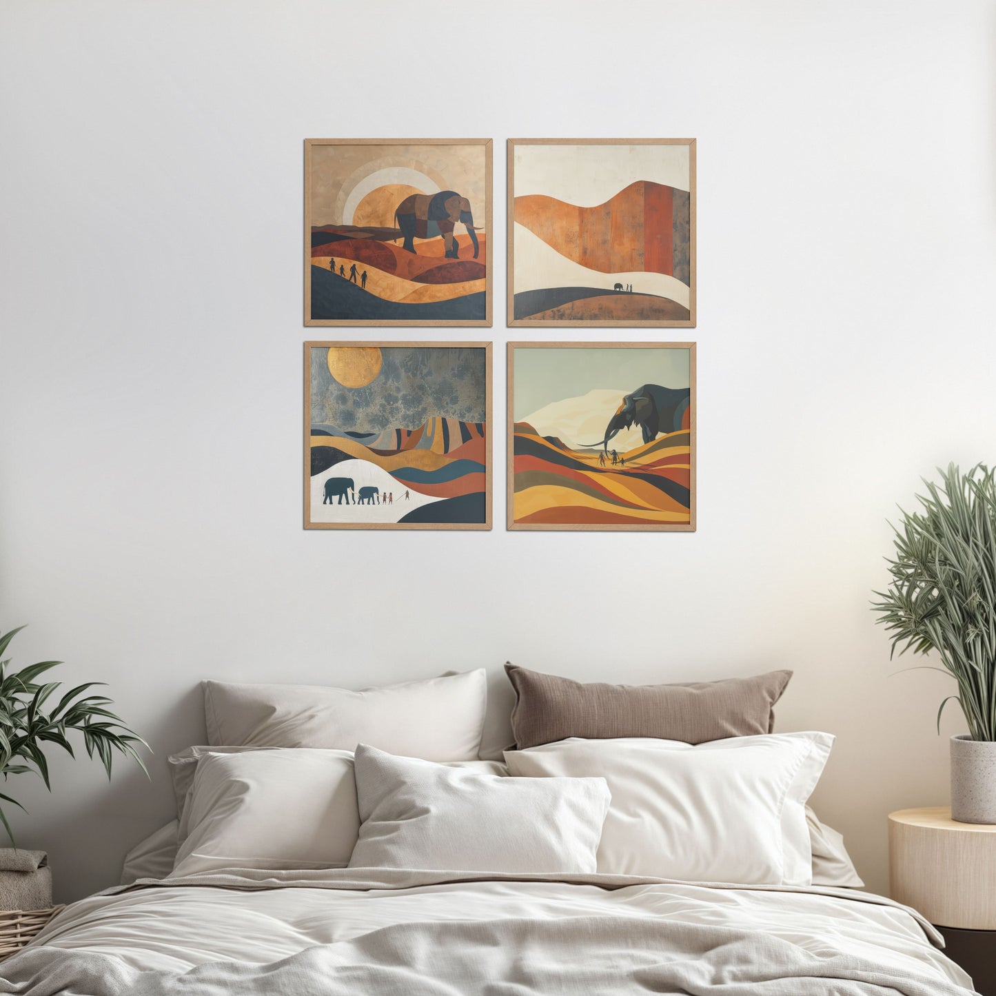 Bed Room Preview of Modern Elephant Abstract Wall Art Set of 4 Frames in Natrual Color Frame