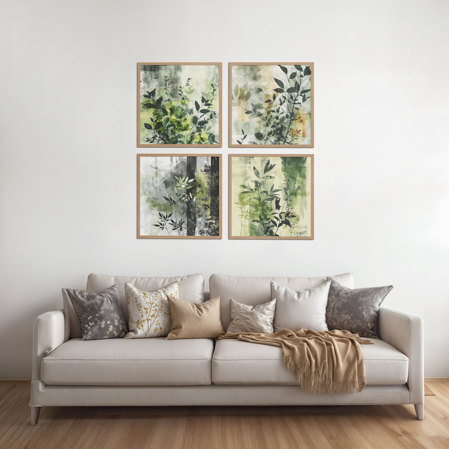 Living Room Sofa Preview of Abstract Botanical Wall Art Set of 4 Frames in Natrual Color Frame