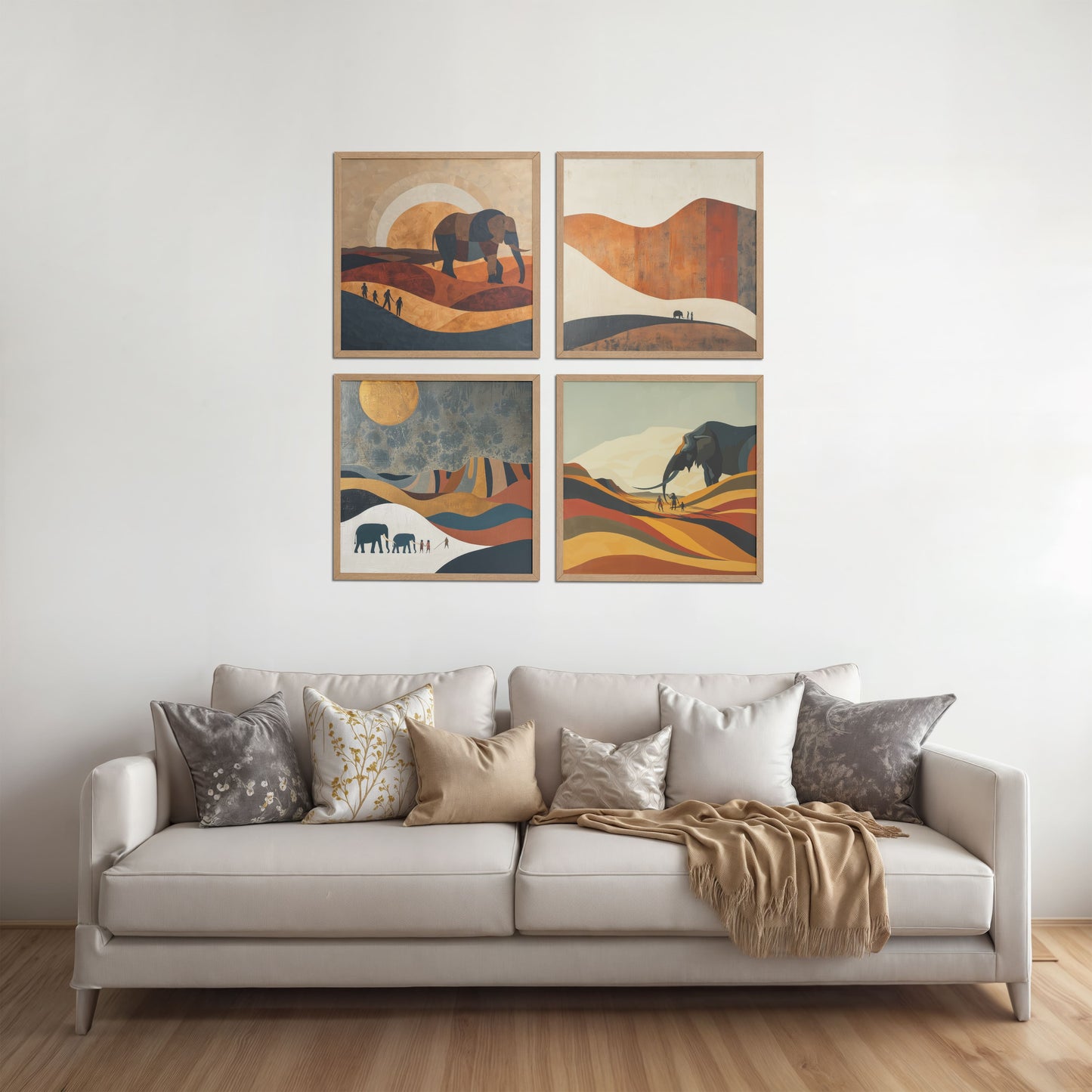 Living Room Sofa Preview of Modern Elephant Abstract Wall Art Set of 4 Frames in Natrual Color Frame