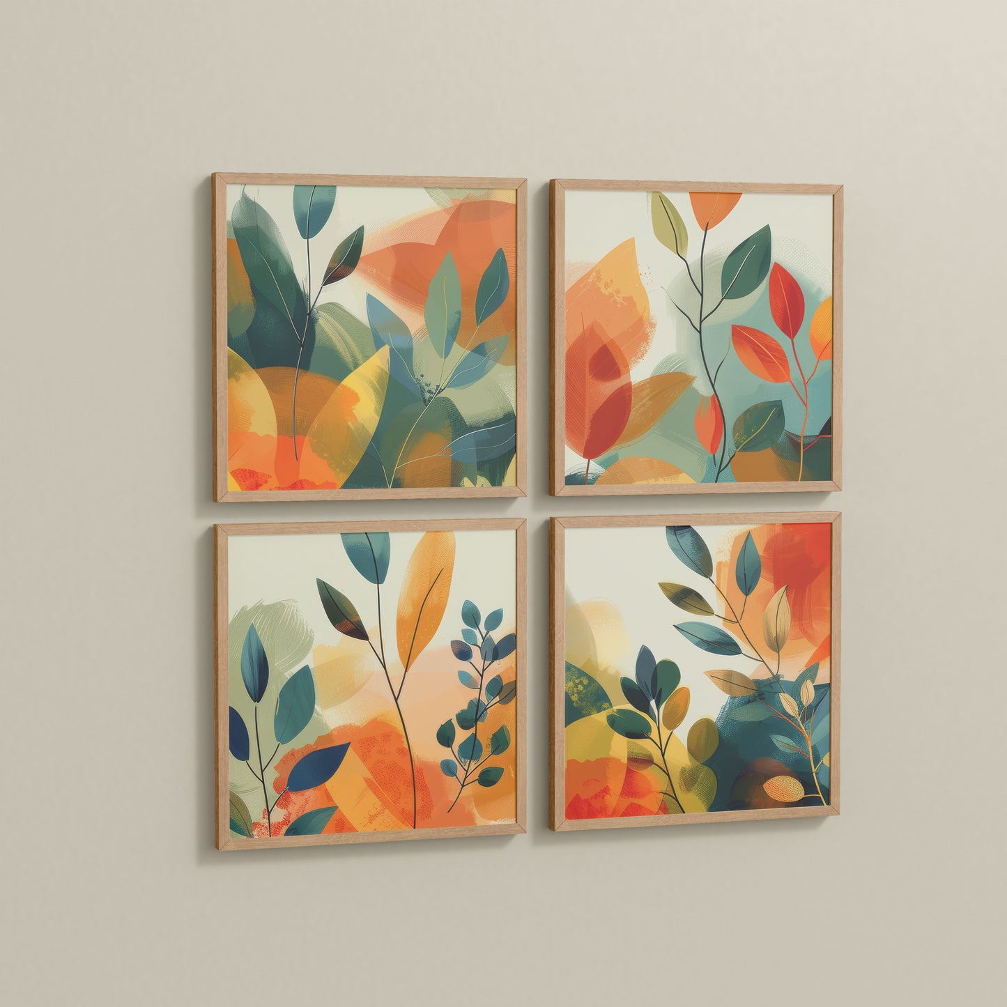 Side View of Abstract Leaves Wall Art Decor Set of 4 Frames in Natrual Color Frame