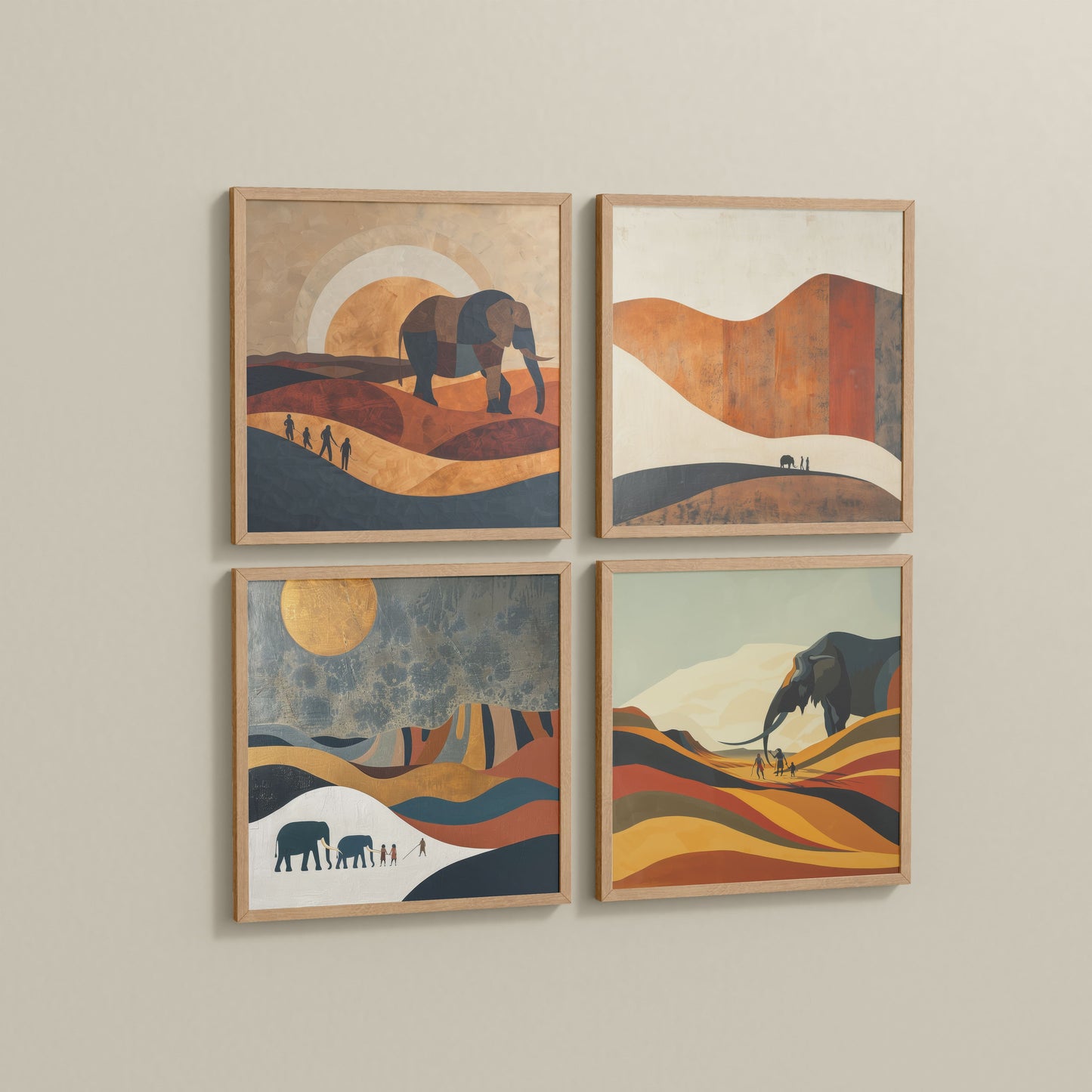 Side View of Modern Elephant Abstract Wall Art Set of 4 Frames in Natrual Color Frame