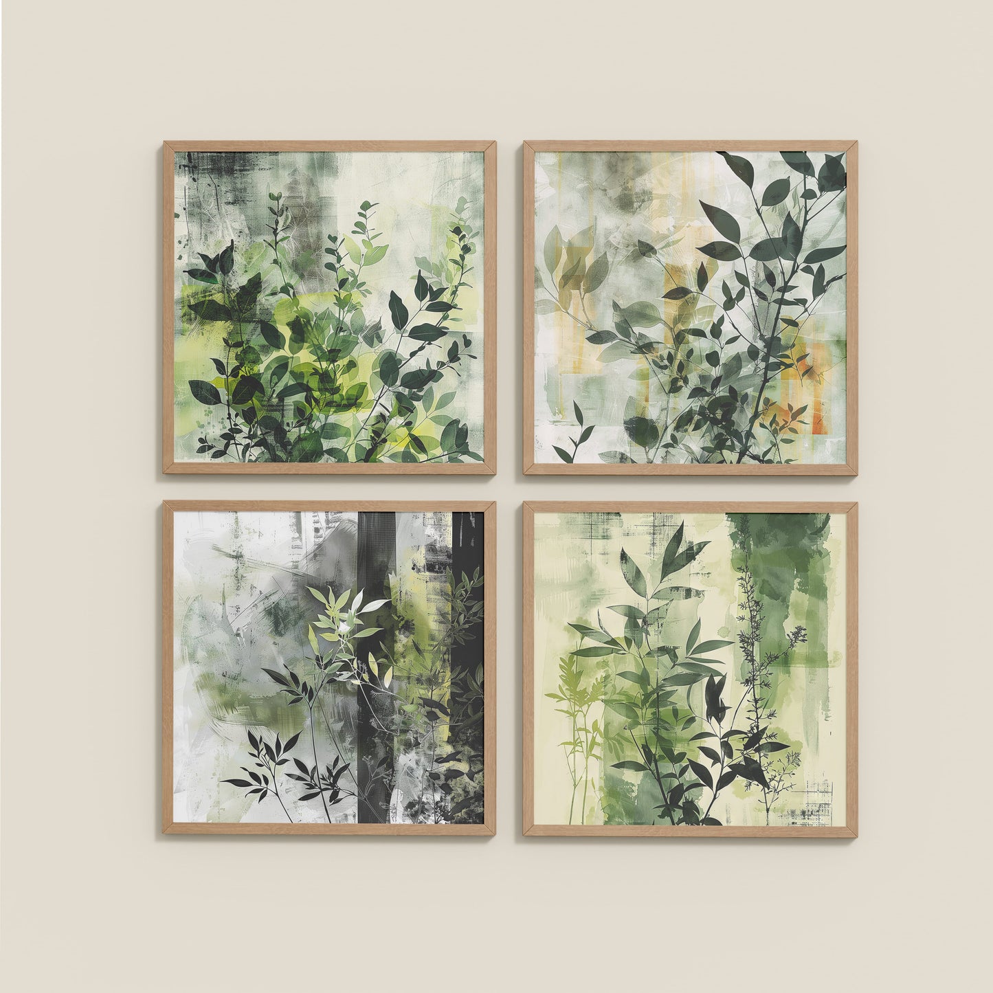 Wall View of Abstract Botanical Wall Art Set of 4 Frames in Natrual Color Frame