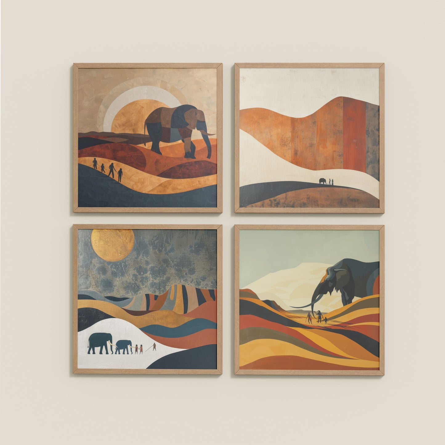 Wall View of Modern Elephant Abstract Wall Art Set of 4 Frames in Natrual Color Frame