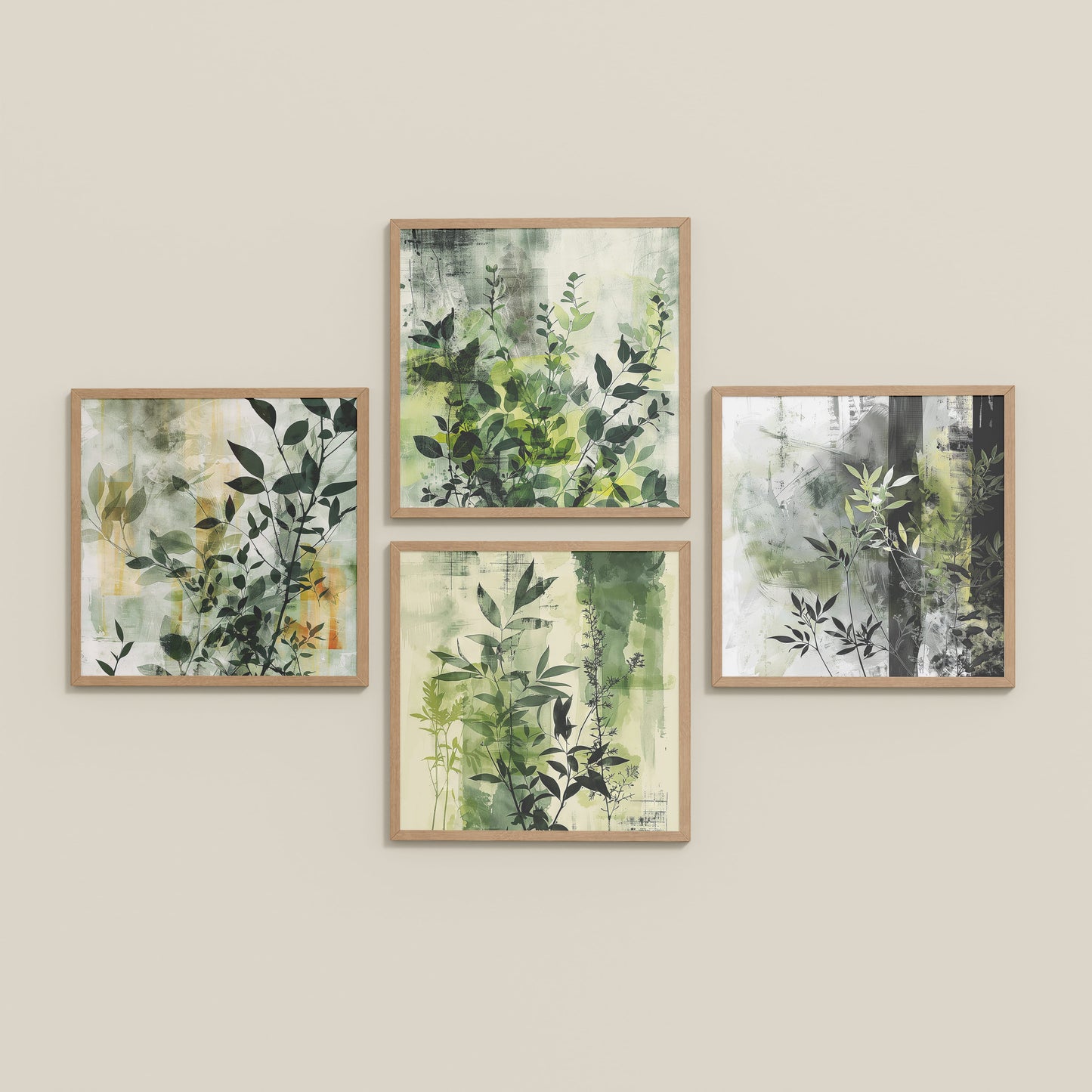 Inclined Floor View of Abstract Botanical Wall Art Set of 4 Frames in Natrual Color Frame