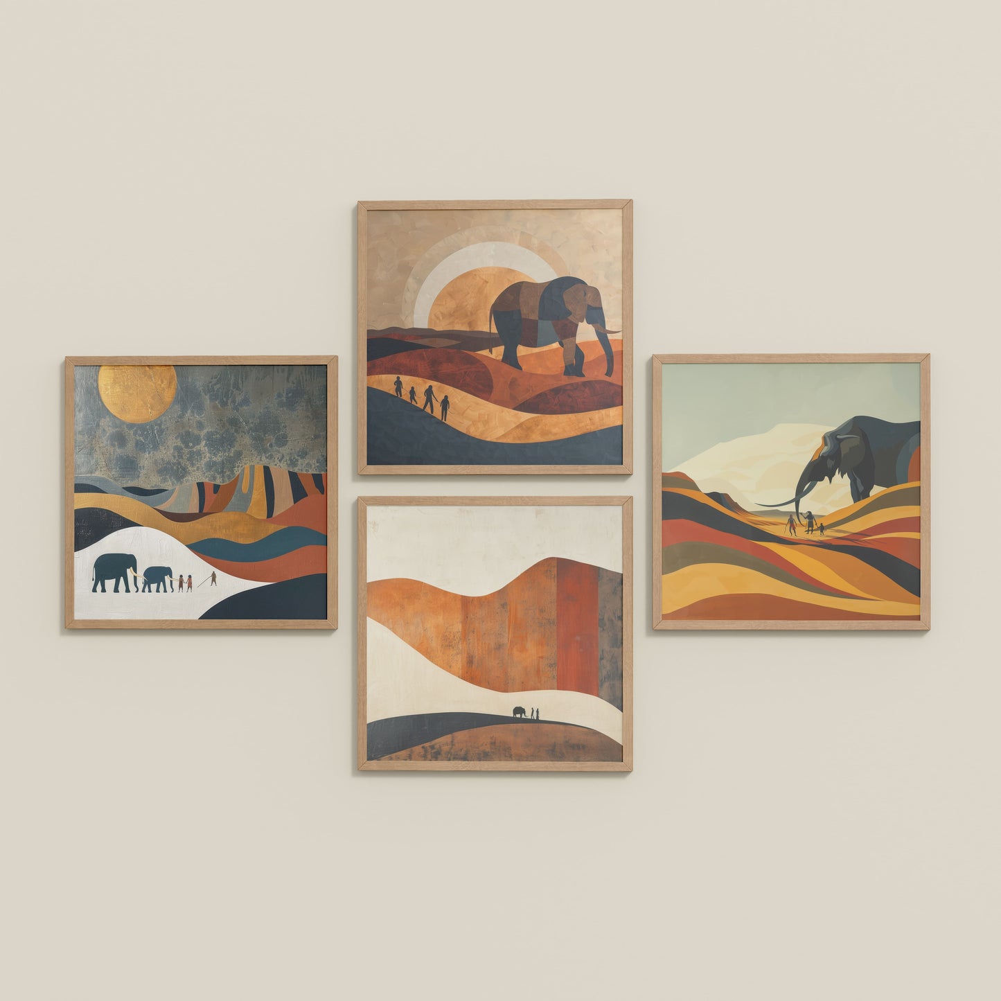 Inclined Floor View of Modern Elephant Abstract Wall Art Set of 4 Frames in Natrual Color Frame