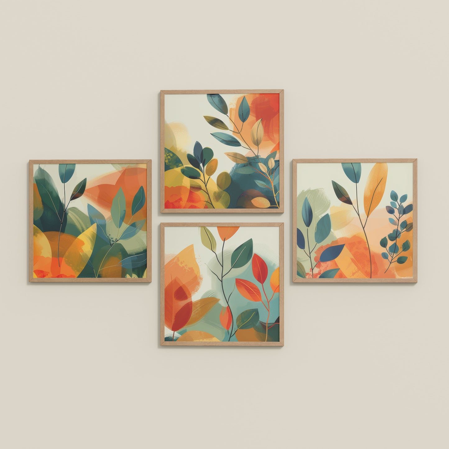 Inclined Floor View of Abstract Leaves Wall Art Decor Set of 4 Frames in Natrual Color Frame