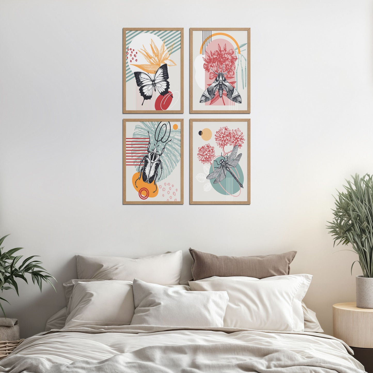 Bed Room Preview of Timeless Wings Abstract Insect Wall Art Set of 4 Frames in Natrual Color Frame