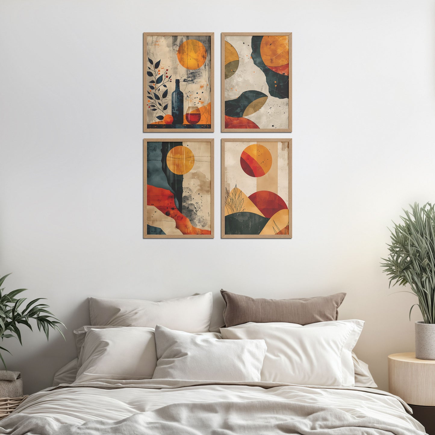 Bed Room Preview of Modern Harmony Abstract Wall Art Set of 4 Frames in Natrual Color Frame