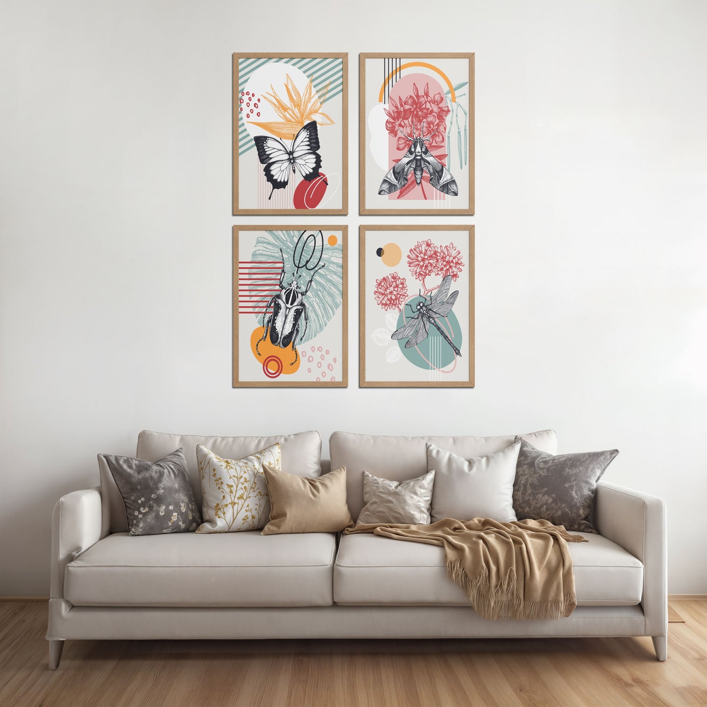 Living Room Sofa Preview of Timeless Wings Abstract Insect Wall Art Set of 4 Frames in Natrual Color Frame