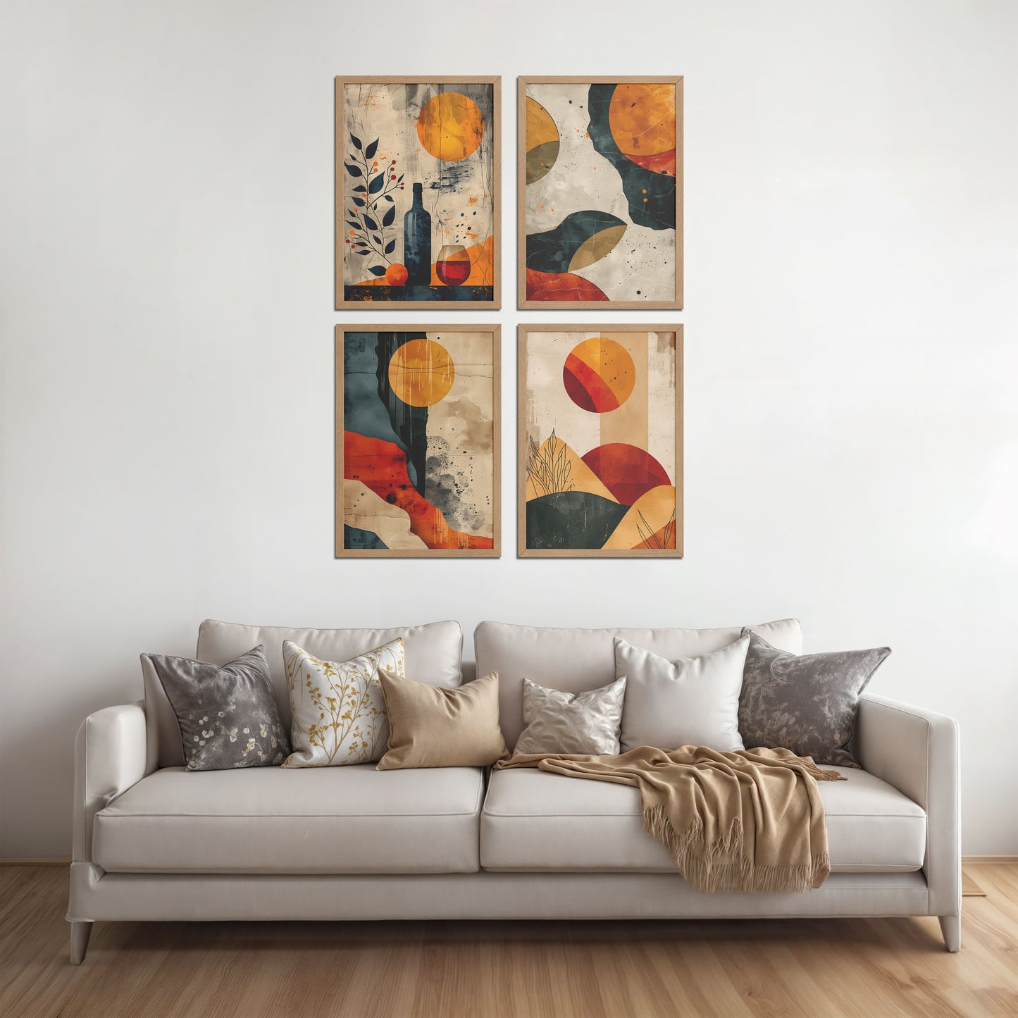 Living Room Sofa Preview of Modern Harmony Abstract Wall Art Set of 4 Frames in Natrual Color Frame