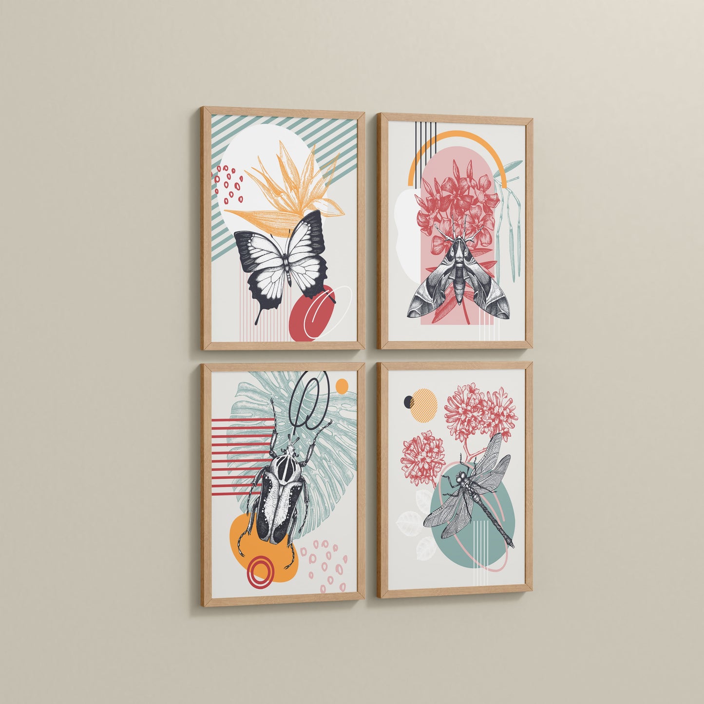 Side View of Timeless Wings Abstract Insect Wall Art Set of 4 Frames in Natrual Color Frame
