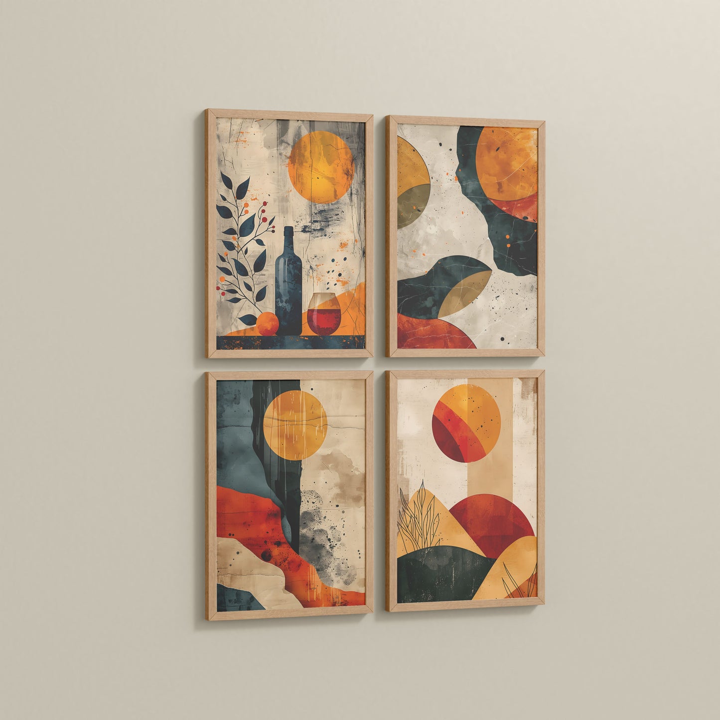 Side View of Modern Harmony Abstract Wall Art Set of 4 Frames in Natrual Color Frame
