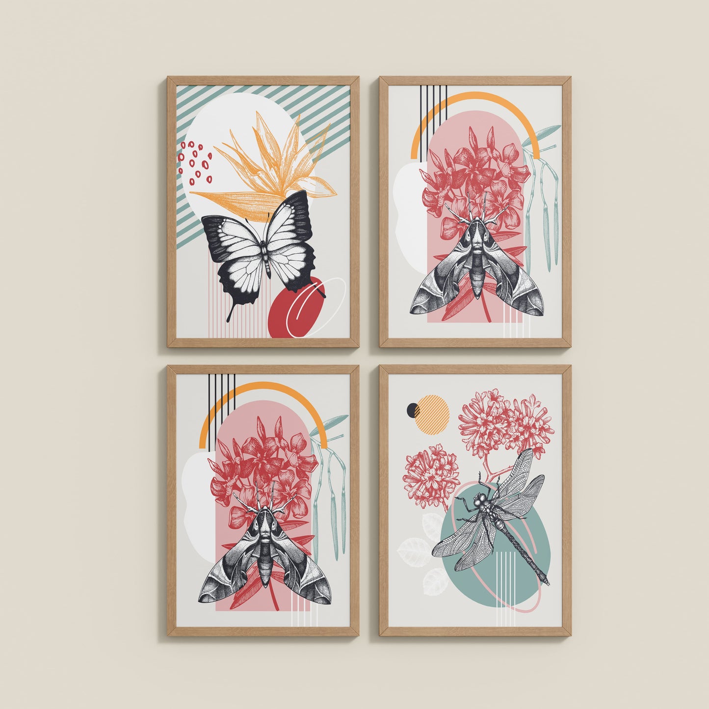 Wall View of Timeless Wings Abstract Insect Wall Art Set of 4 Frames in Natrual Color Frame