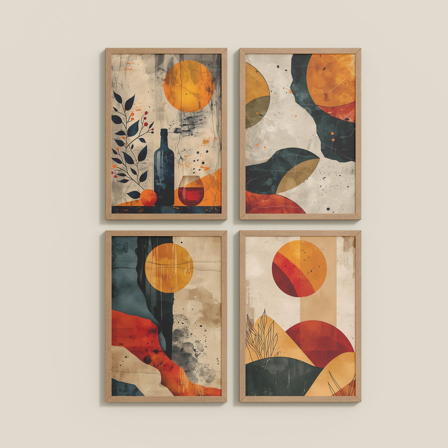 Wall View of Modern Harmony Abstract Wall Art Set of 4 Frames in Natrual Color Frame