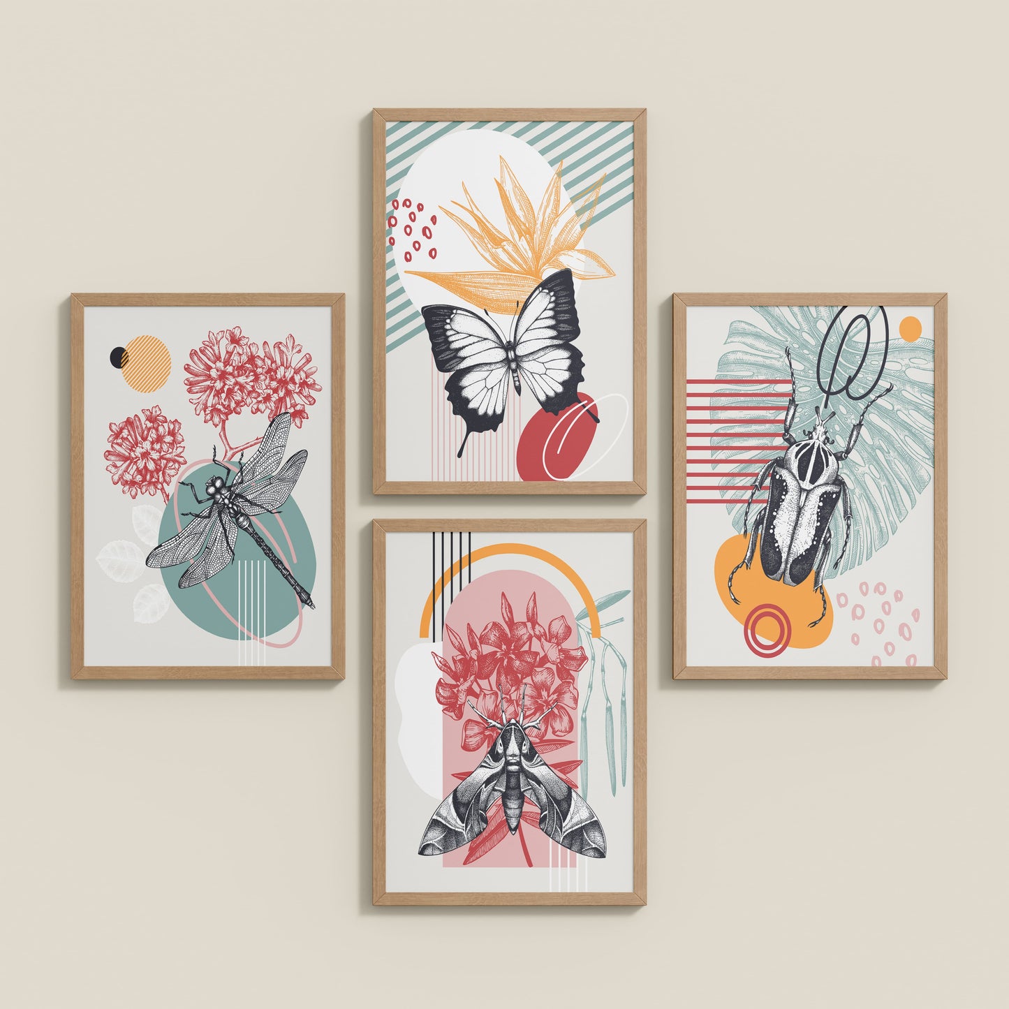 Inclined Floor View of Timeless Wings Abstract Insect Wall Art Set of 4 Frames in Natrual Color Frame