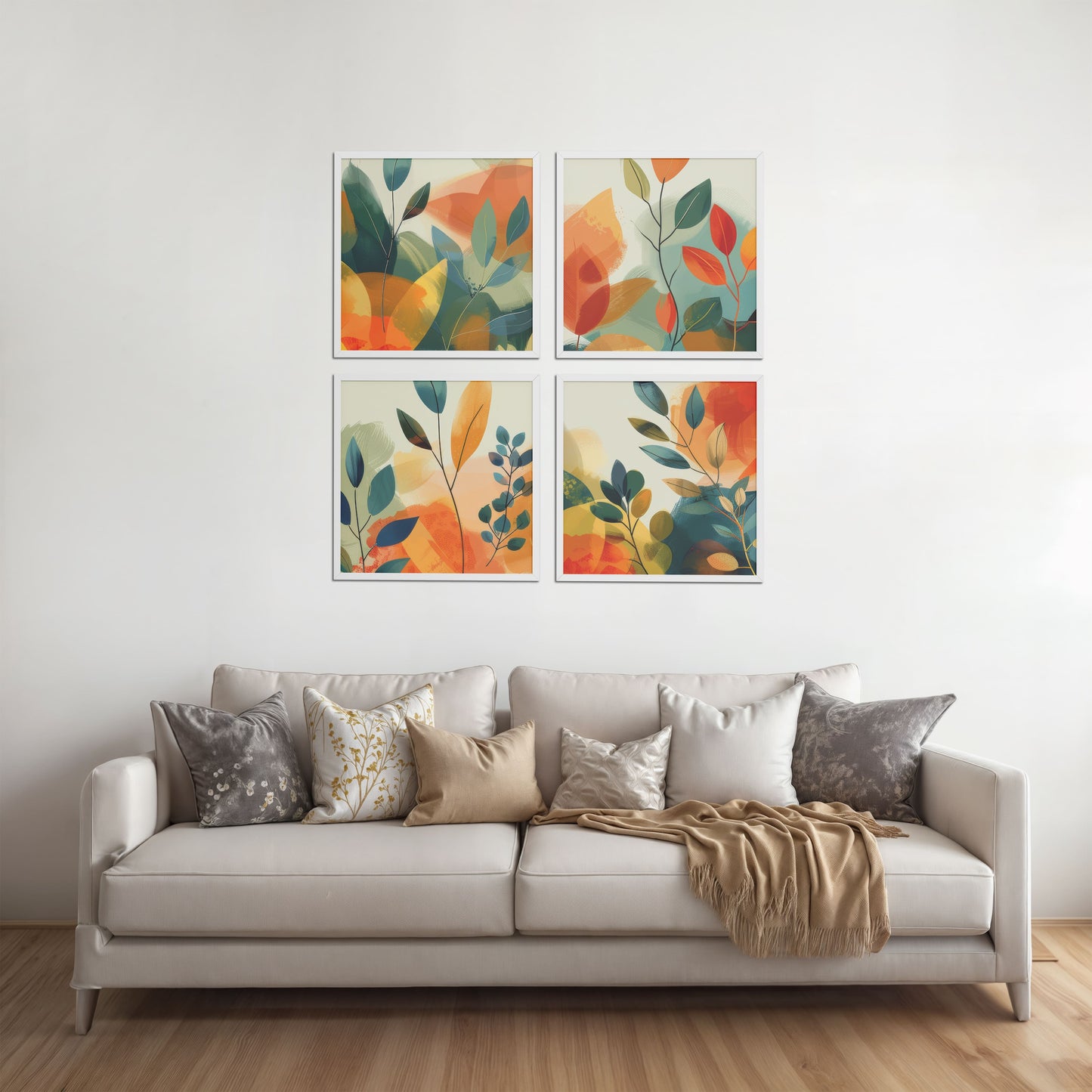 Living Room Sofa Preview of Abstract Leaves Wall Art Decor Set of 4 Frames in White Color Frame