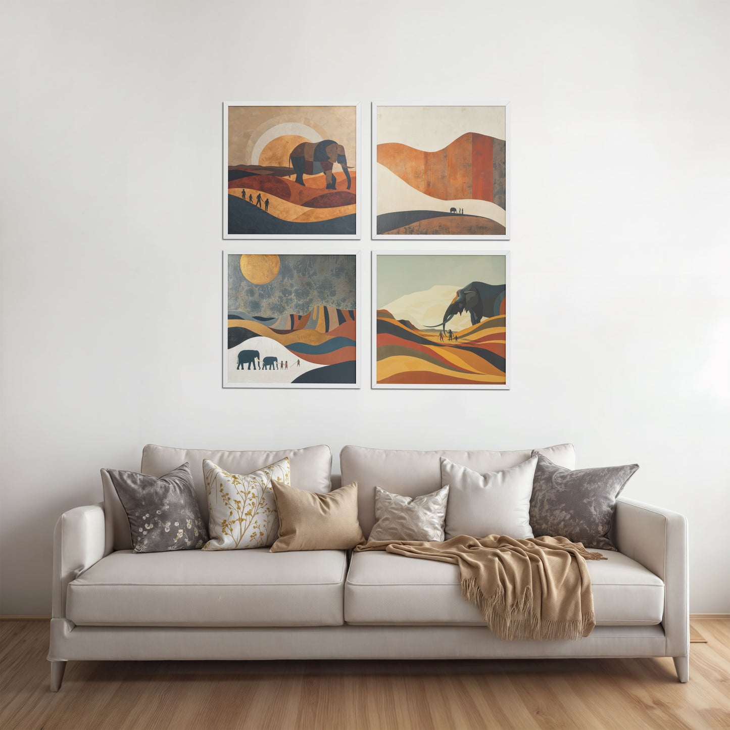 Living Room Sofa Preview of Modern Elephant Abstract Wall Art Set of 4 Frames in White Color Frame