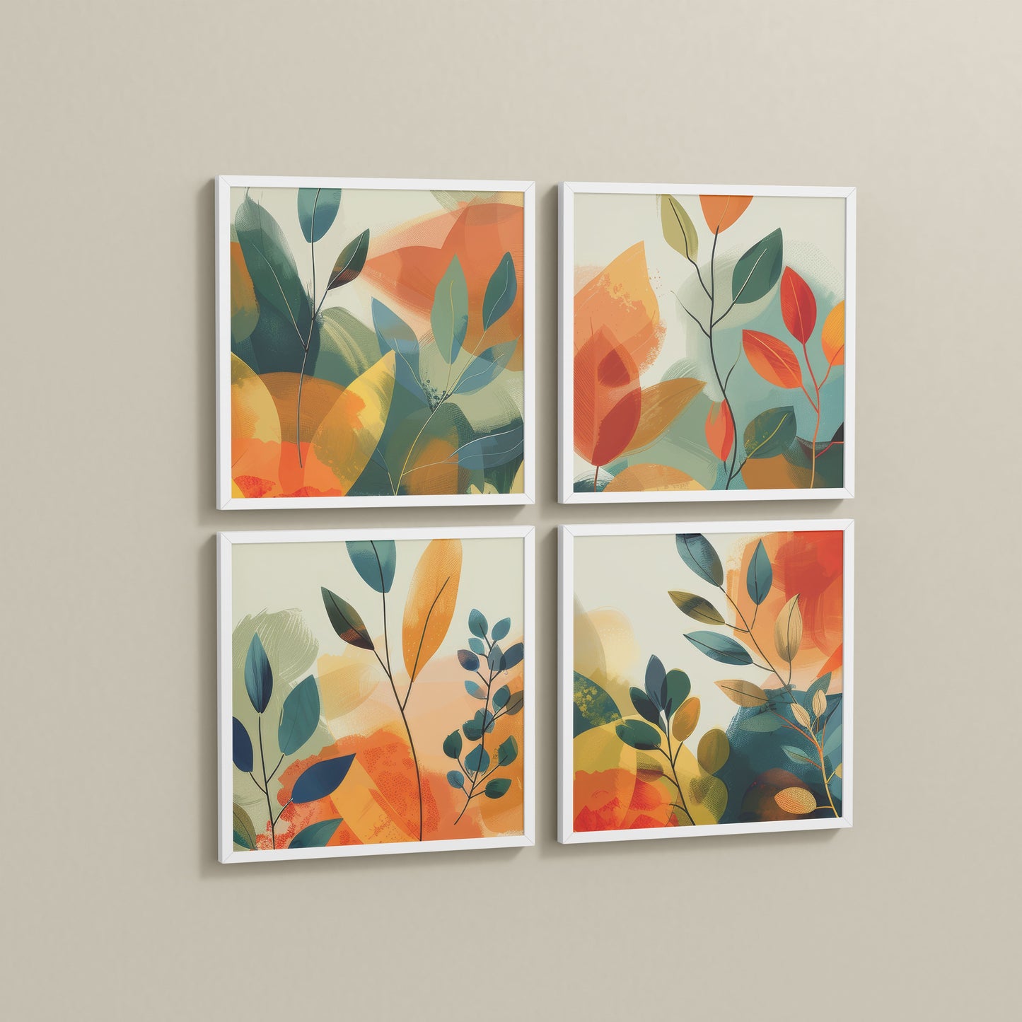 Side View of Abstract Leaves Wall Art Decor Set of 4 Frames in White Color Frame
