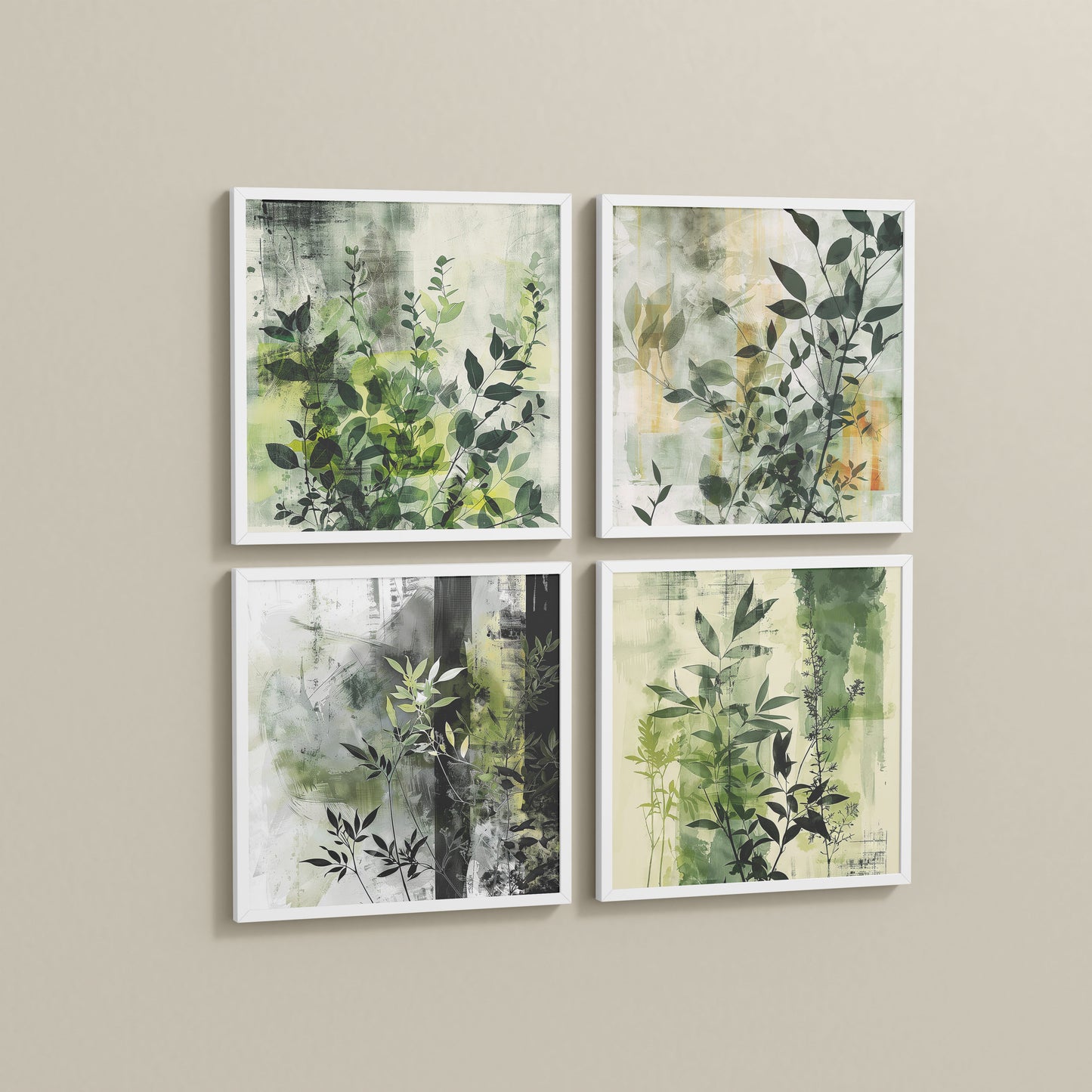 Side View of Abstract Botanical Wall Art Set of 4 Frames in White Color Frame