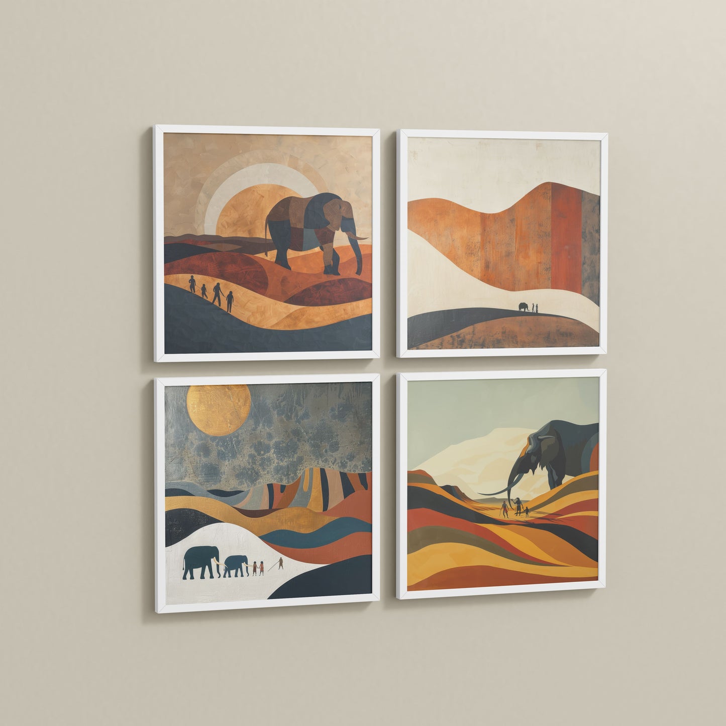 Side View of Modern Elephant Abstract Wall Art Set of 4 Frames in White Color Frame