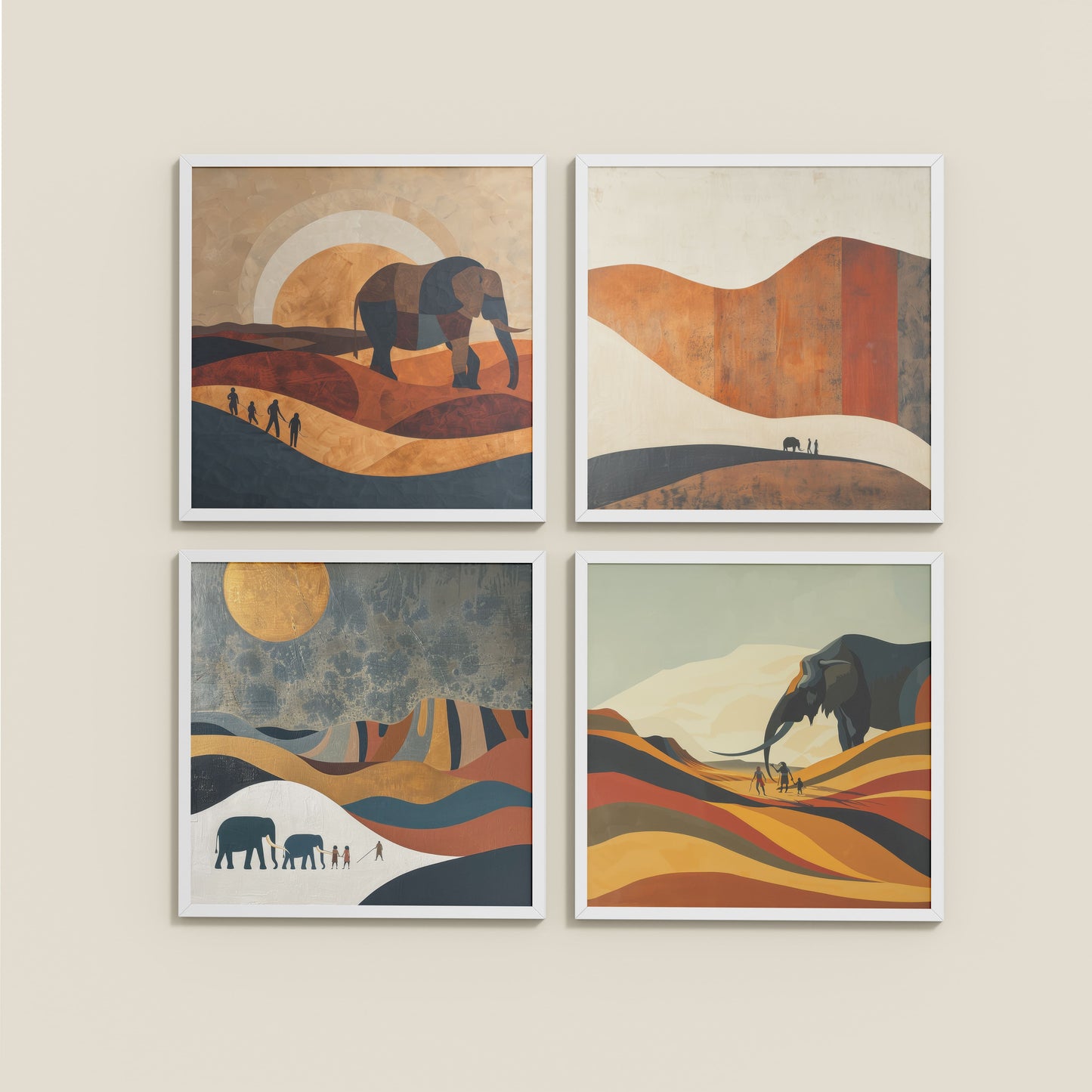 Wall View of Modern Elephant Abstract Wall Art Set of 4 Frames in White Color Frame