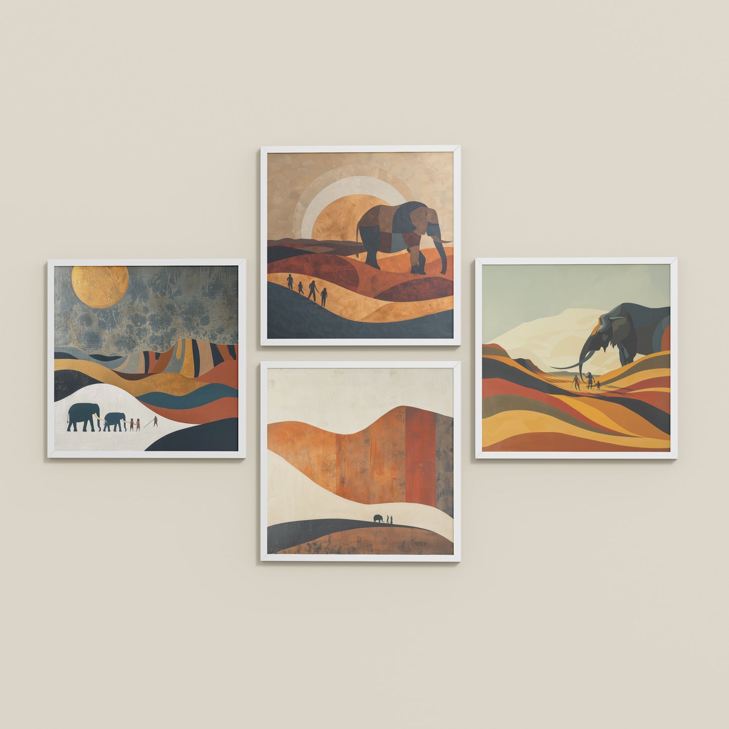 Inclined Floor View of Modern Elephant Abstract Wall Art Set of 4 Frames in White Color Frame