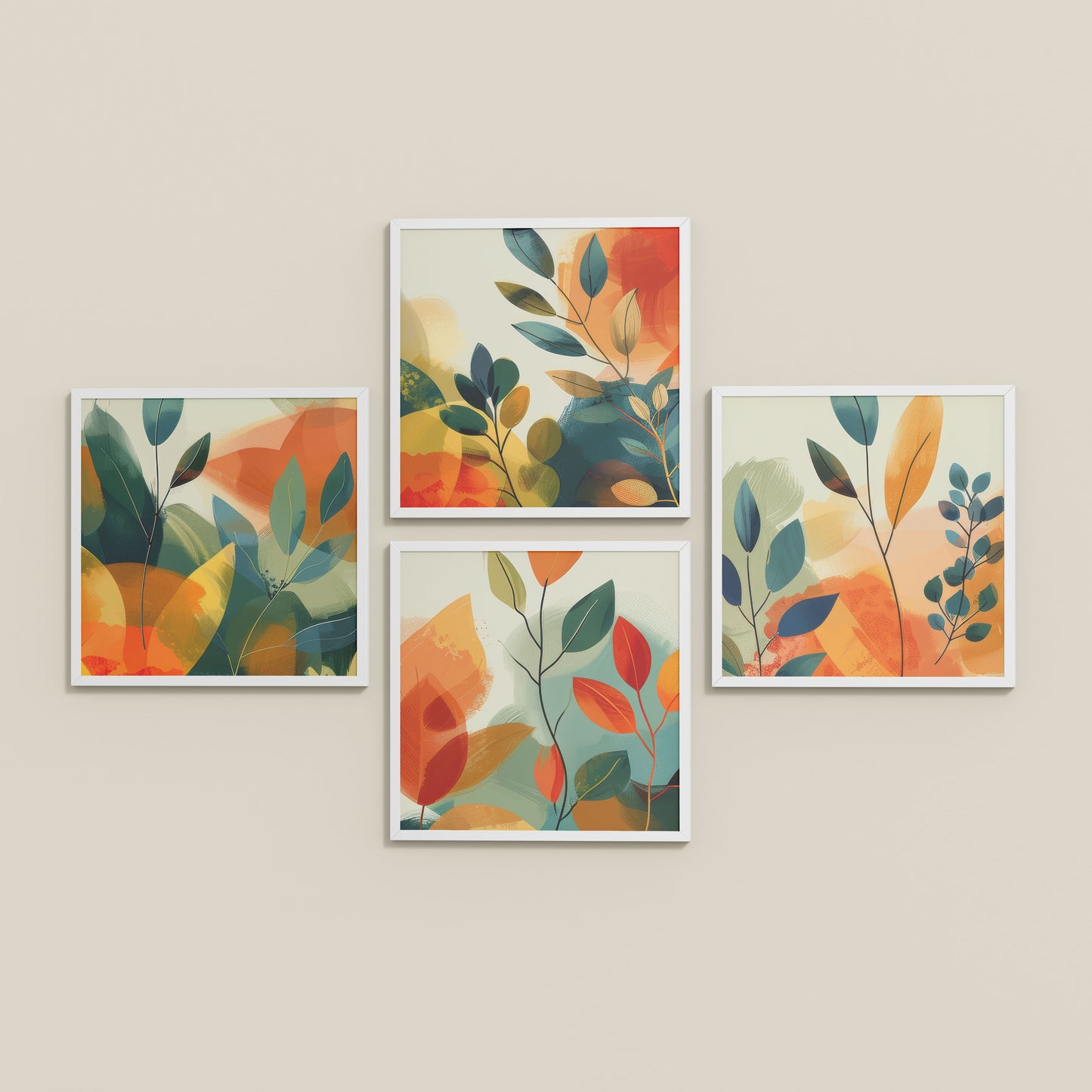 Inclined Floor View of Abstract Leaves Wall Art Decor Set of 4 Frames in White Color Frame