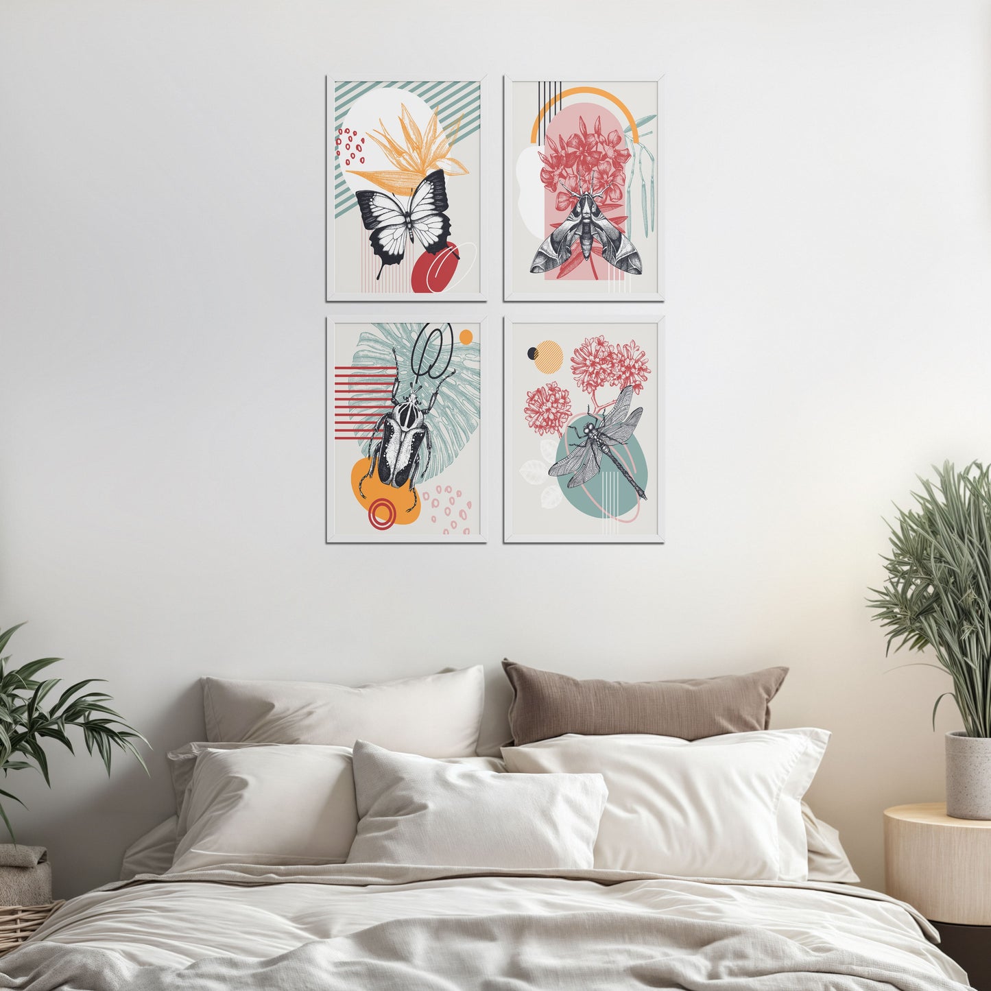Bed Room Preview of Timeless Wings Abstract Insect Wall Art Set of 4 Frames in White Color Frame