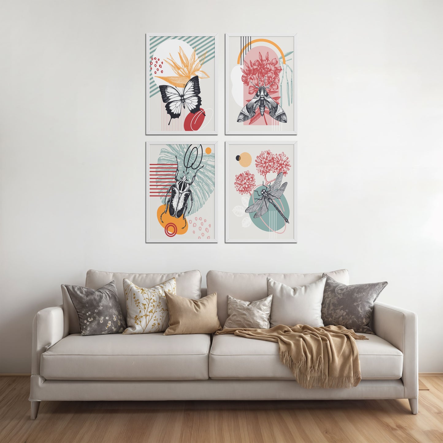 Living Room Sofa Preview of Timeless Wings Abstract Insect Wall Art Set of 4 Frames in White Color Frame